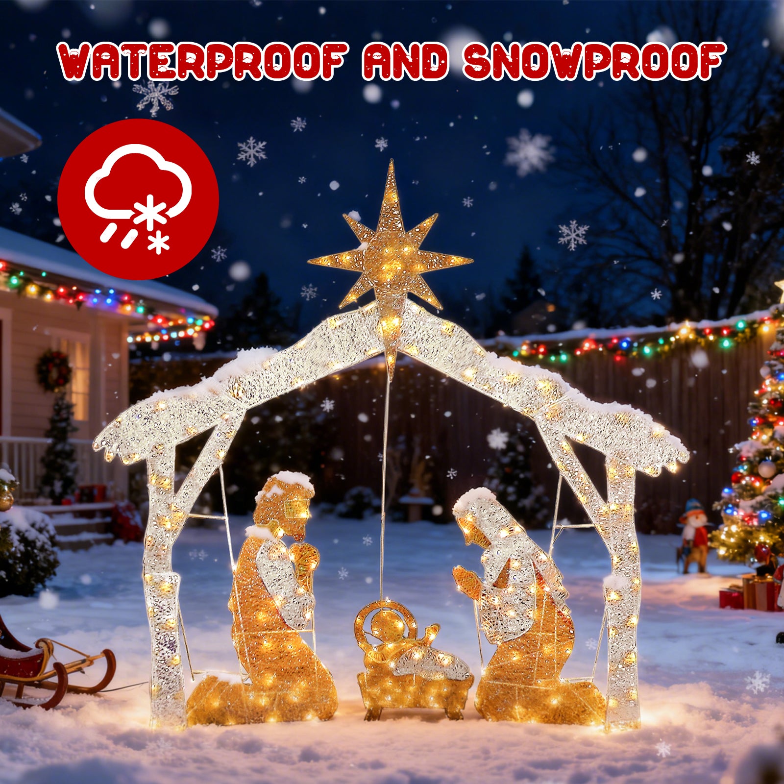 زينة فناء عائلة المسيح المقدسة لعيد الميلاد، تشمل أضواء LED بيضاء صغيرة مسبقة التوصيل وأوتاد أرضية. توصيات ضرورية لأضواء عيد الميلاد.