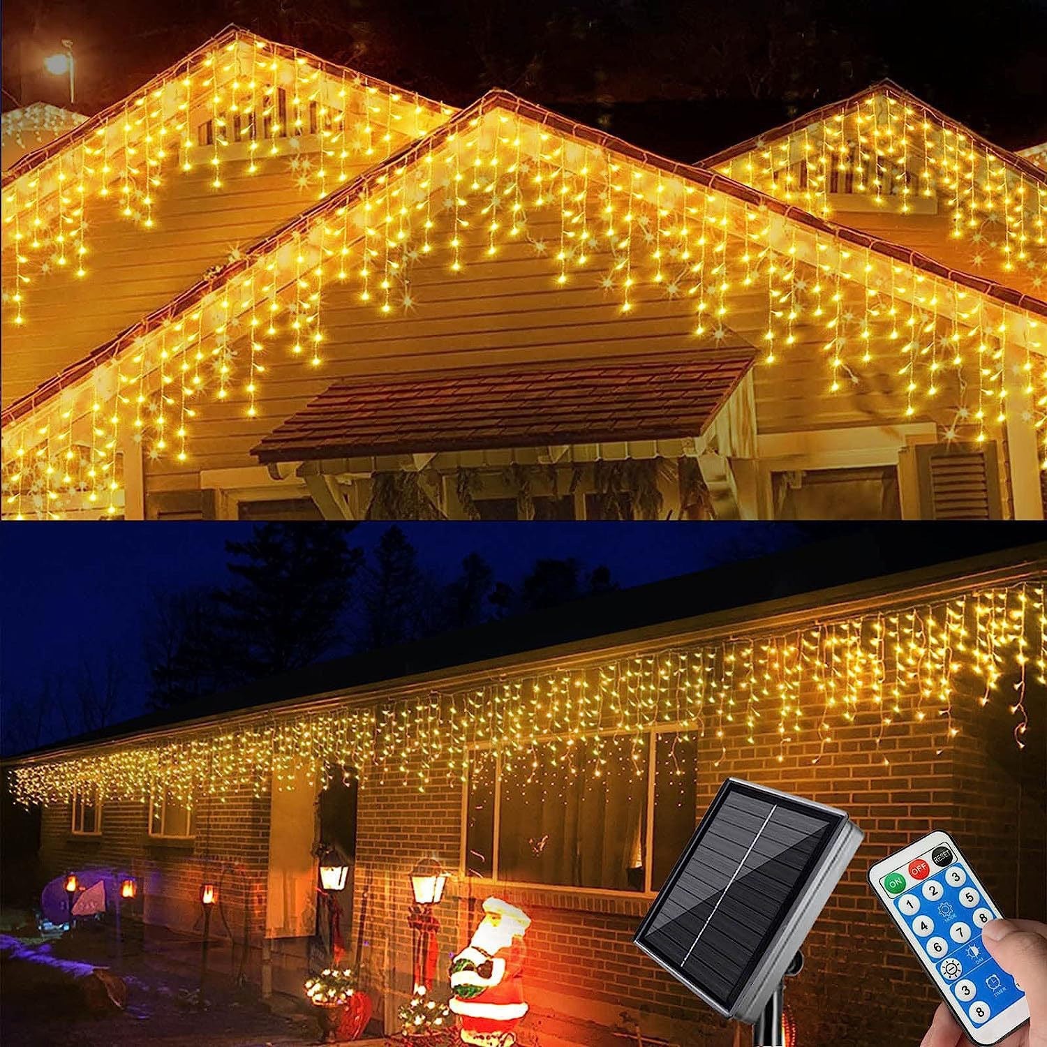 Quntis 8-Mode Warm White Solar-Powered 19.7ft x 1.6ft LED Icicle Lights – Waterproof Waterfall Fairy Lights for Christmas & Outdoor Holiday Decor