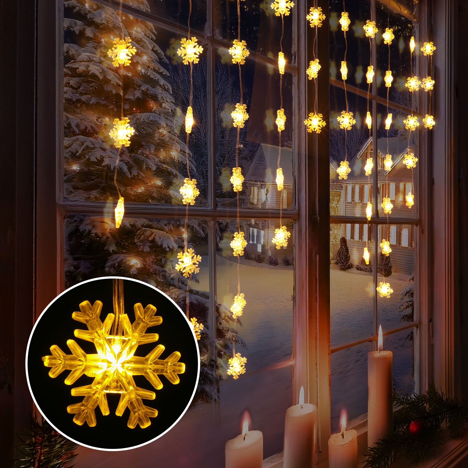 Battery Operated Christmas Snowflake Lights - Quntis 50 LED, 8 Modes, IP65, Timer & Memory Function for Holiday Decoration (Warm White)