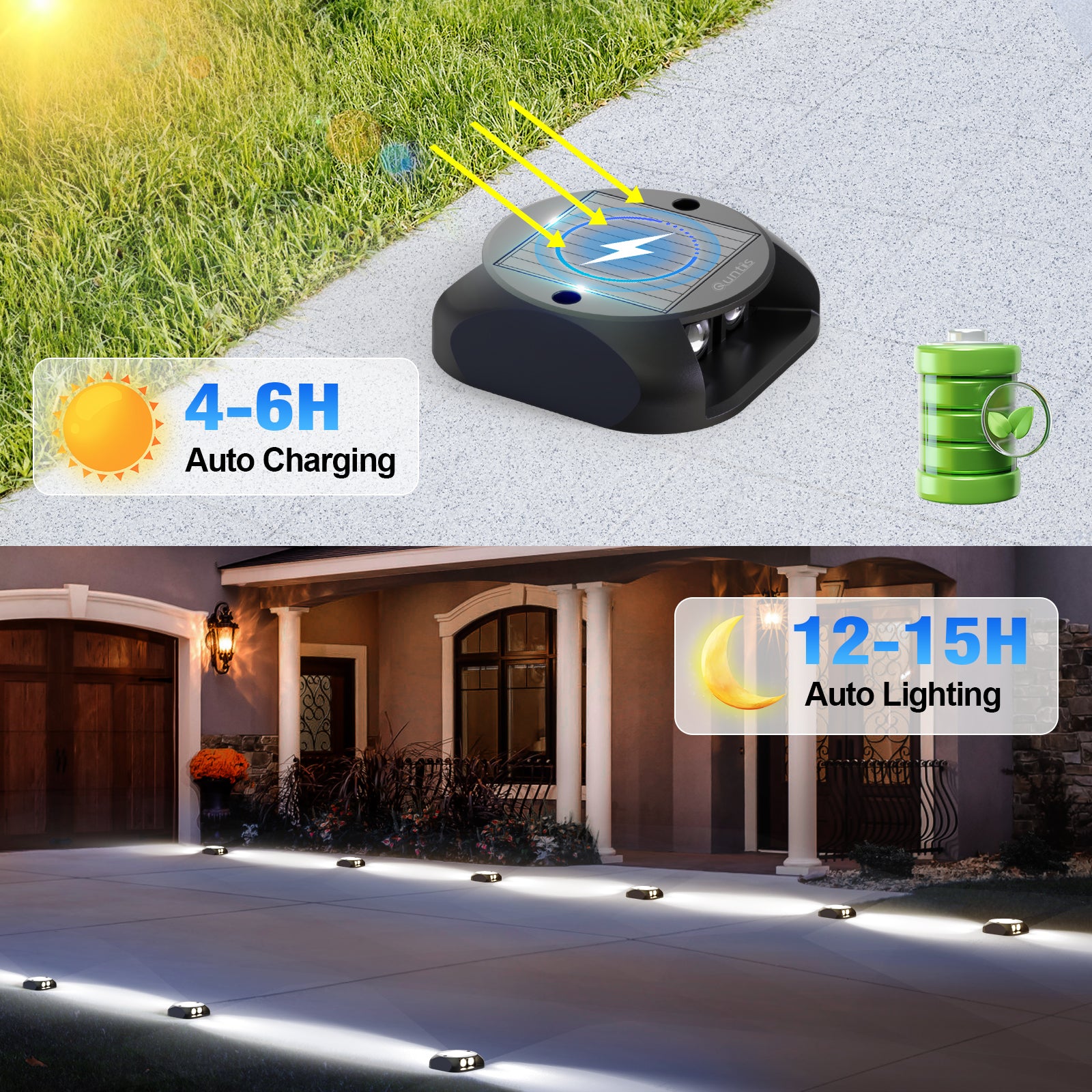 Quntis Solar Deck Lights Outdoor, Two-Way LED Cool White Ground Lights, IP65 Waterproof Dusk to Dawn Lighting for Pathway, Step, Driveway and Garden