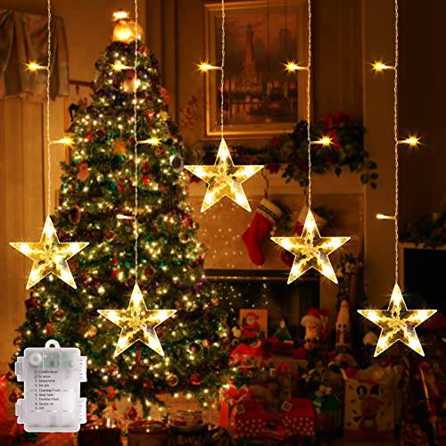 Star Curtain Lights, Battery Operated 5PCS Christmas Curtain Lights, Warm White - quntis-service
