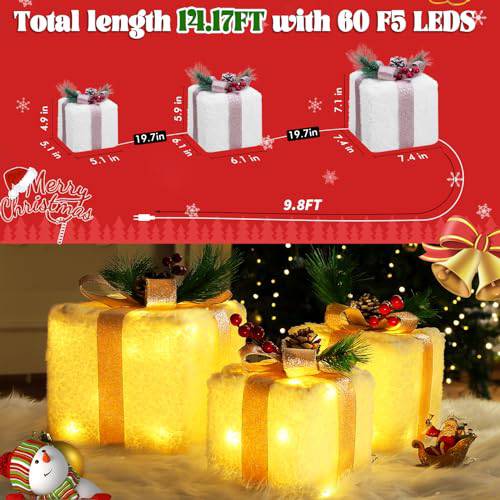 Set of 3 Plug-In Christmas Gift Gold Bows Lighted Boxes (60 LEDs) - quntis-service