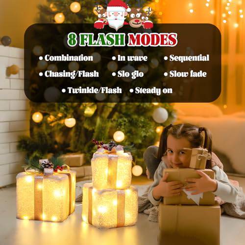 Set of 3 Plug-In Christmas Gift Gold Bows Lighted Boxes (60 LEDs) - quntis-service