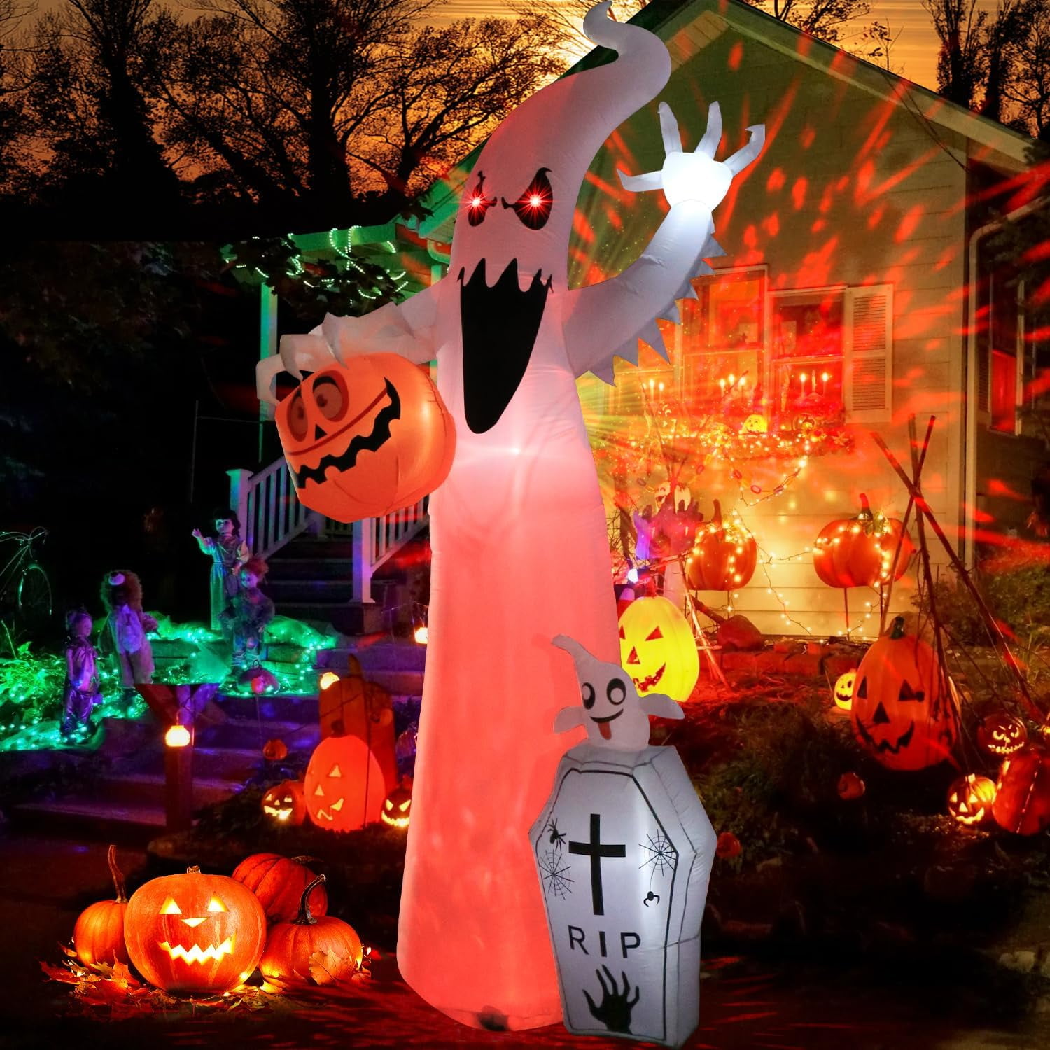 Quntis 12FT Halloween Inflatable Outdoor Decoration with Projection Lights and Scary Sound, Halloween Blow Up Yard Decorations, Waterproof Inflatable Halloween Pumpkin Ghost with LED for Garden