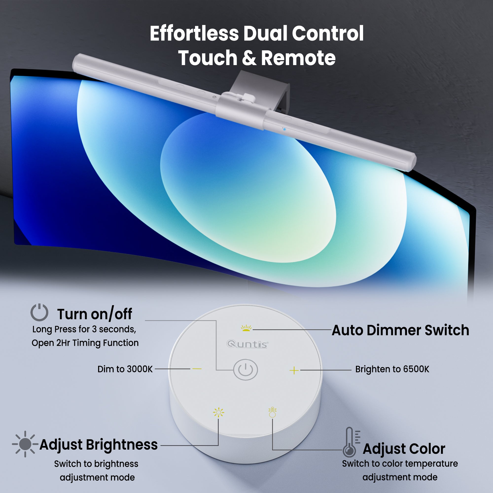 Quntis White Auto-Dimming Monitor Light Bar with Remote Control – No-Glare LED Screen Lamp with Smart Ambient Light Sensor for Eye Protection, Ideal for Office & Gaming Setup