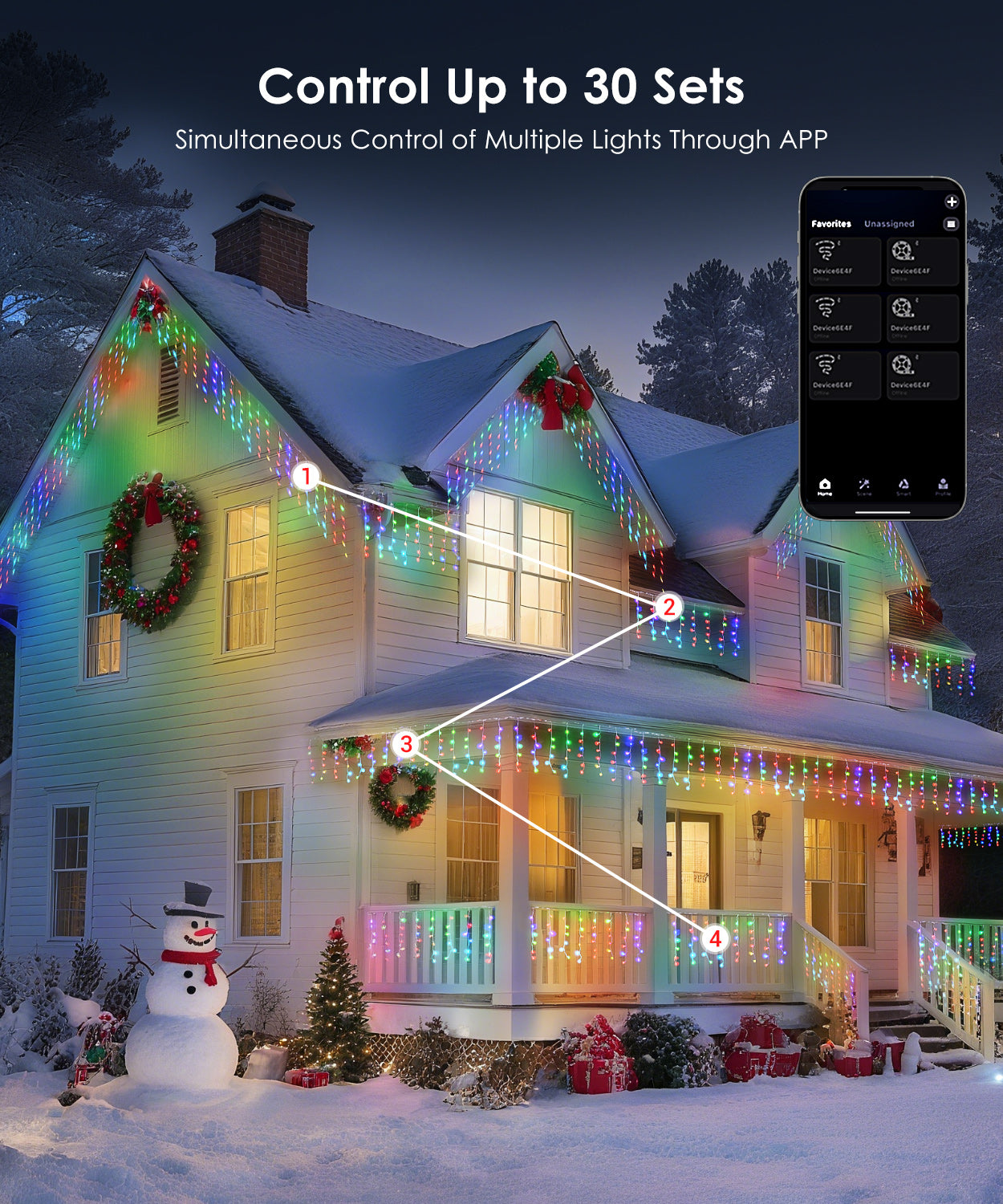 Quntis Smart RGBIC Icicle Lights 5M Wide (0.6m Drop), Twinkling/Flowing Effect, Music Sync, APP/Remote Controlled Outdoor Holiday Lights