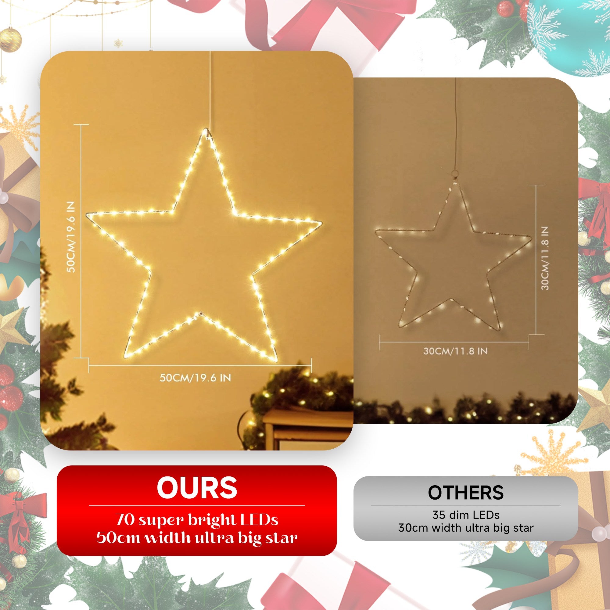 Quntis Luces de Estrella de Navidad de 19.6in – Funcionamiento a Batería, Temporizador, 8 Modos, Plegables para Uso en Interiores/Exteriores