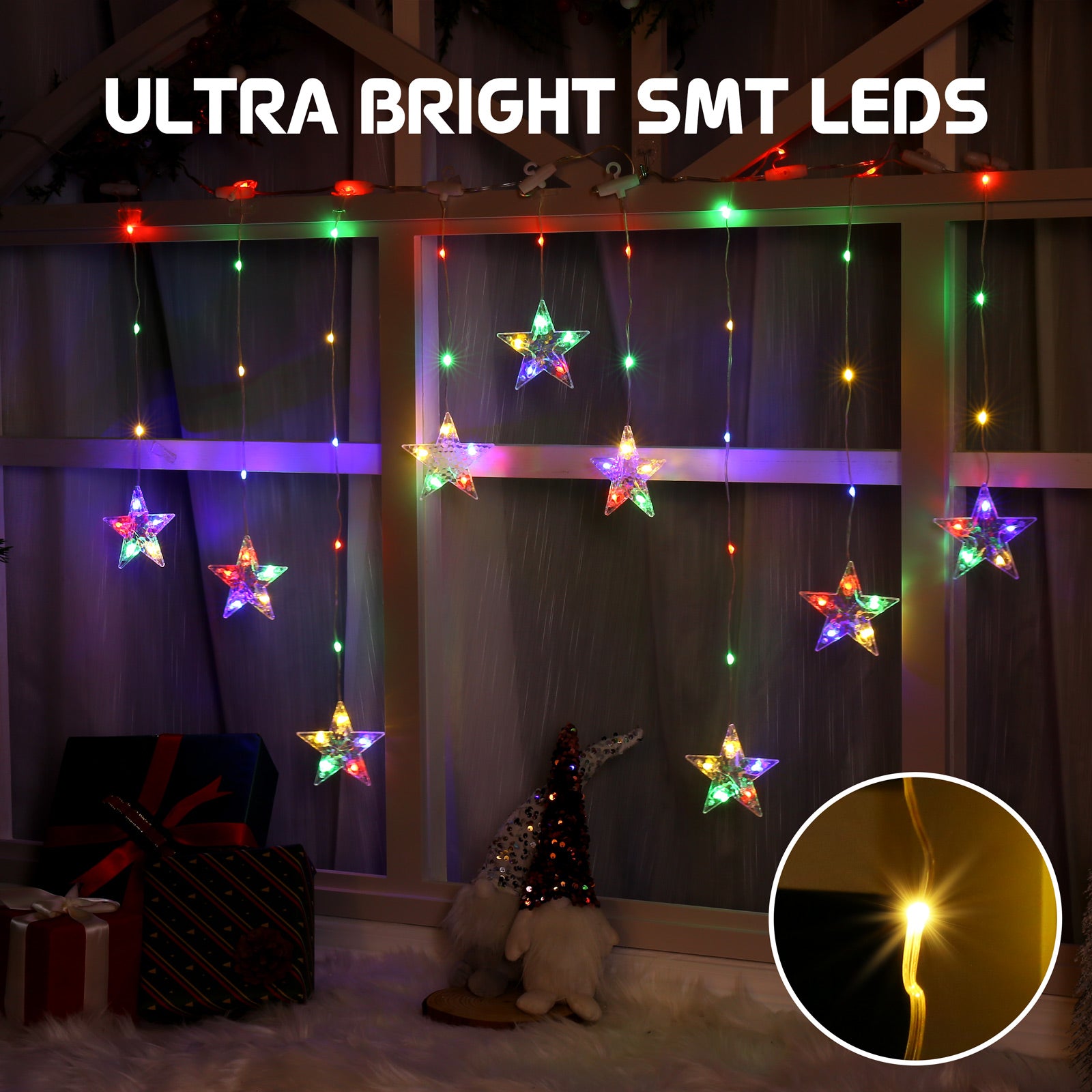Quntis Color Changing Star Window Christmas Lights - Warm White & Multicolor 9 Stars Curtain, 8 Modes Battery Operated With Timer, IP65 Waterproof Xmas Window Decor