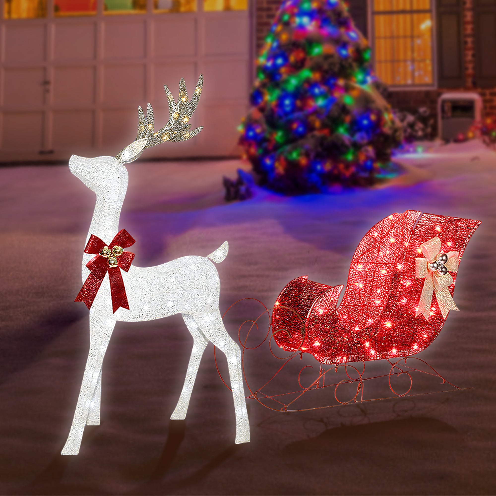 Beleuchtetes Weihnachtsrentier- und Schlitten-Set – LED-Außendekoration für festliche Gartenanzeigen und Weihnachtswunderland-Szenen