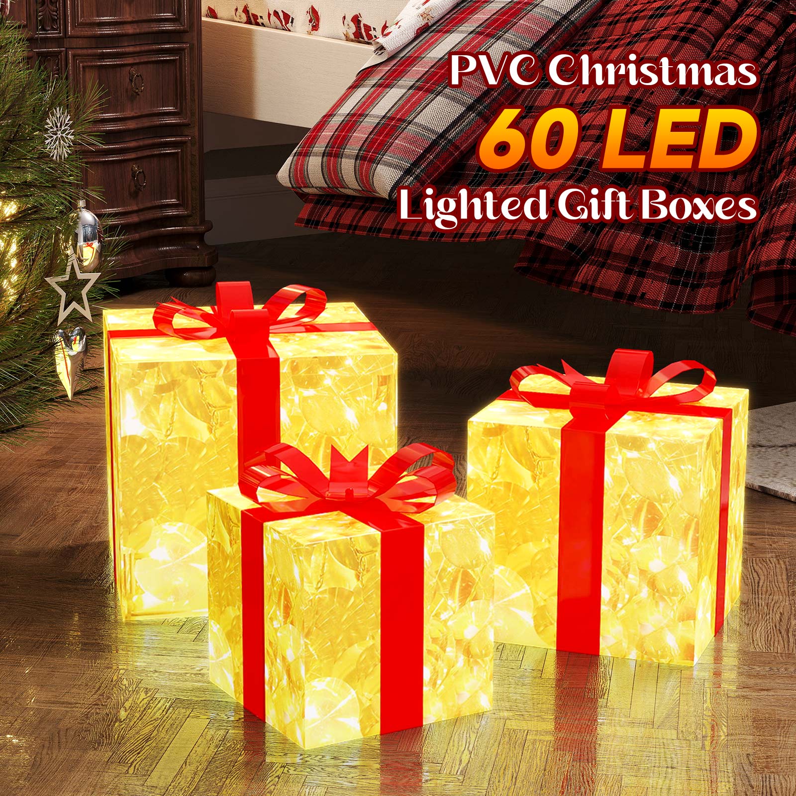 Quntis Weihnachtsbeleuchtete Geschenkboxen – Set von 3 mit 60 superhellen LED-Lichtern, 8 Modi & Timer, transparente Dekoration mit Schleifen, zum Einstecken für die Feiertagsdekoration
