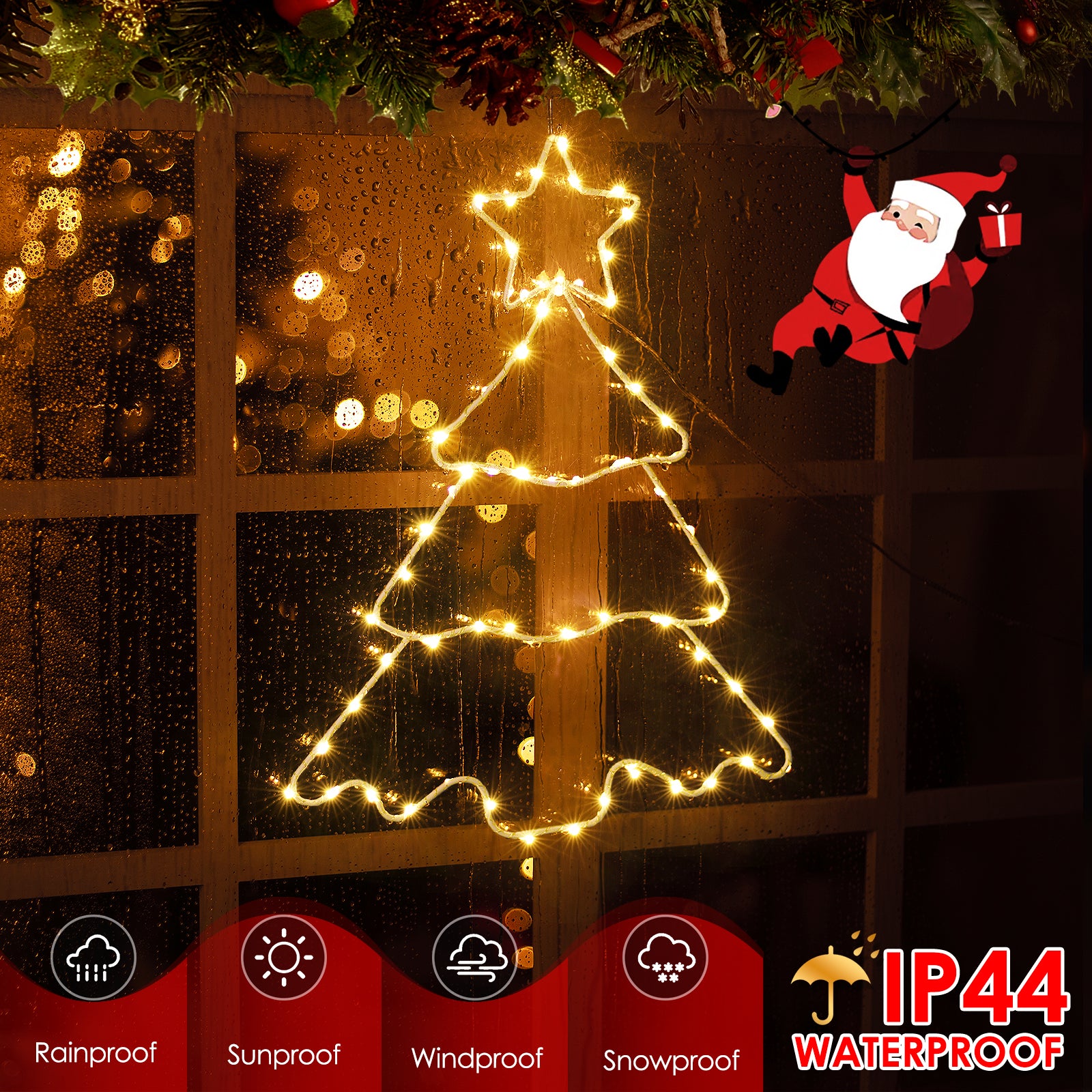 Quntis 3 Pcs Christmas Tree Window Lights – Warm White Hanging LED Fairy Lights, Tree-Shaped Window Decor with 8 Modes, Battery Powered, IP44 Waterproof for Indoor Outdoor Holiday & Home Decoration