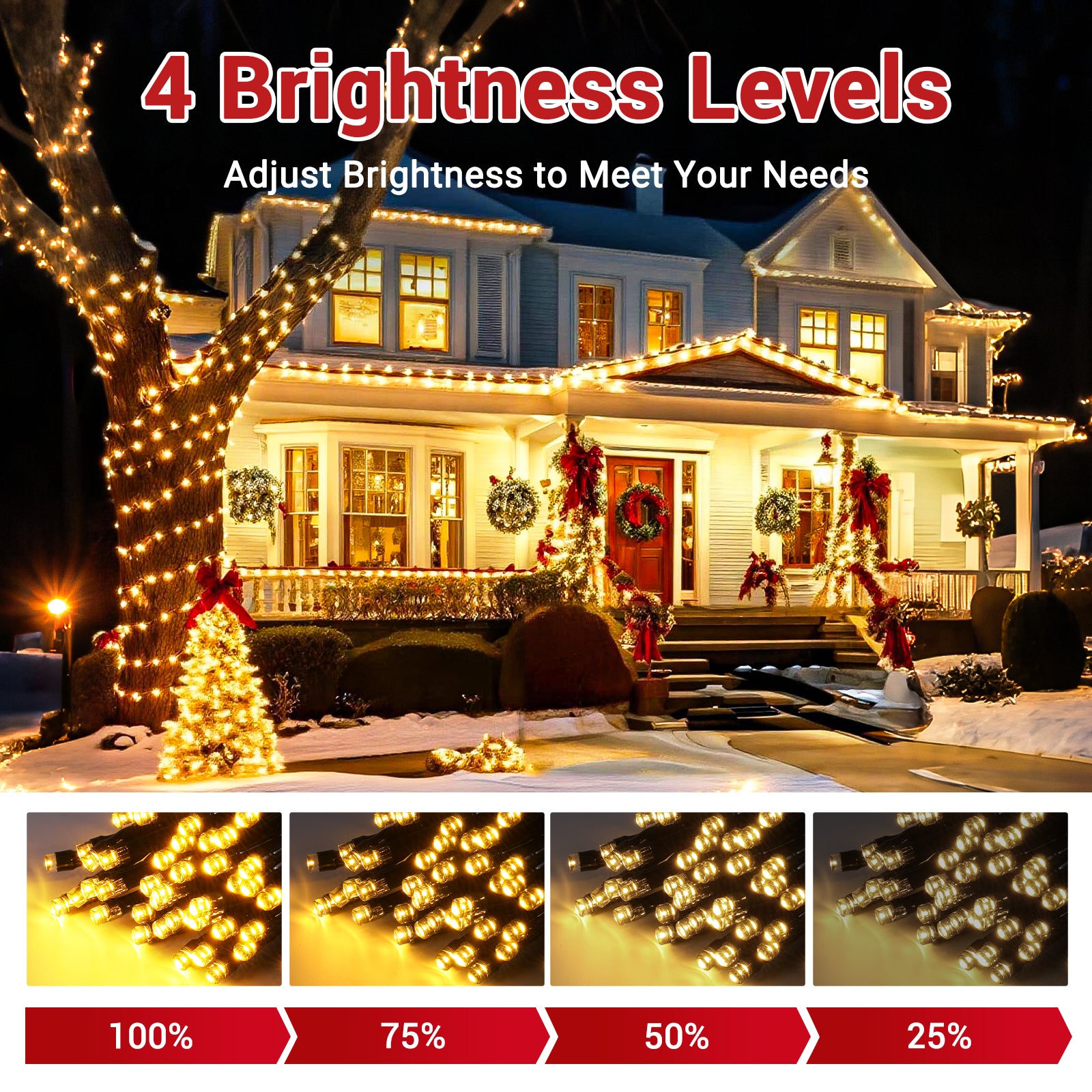 Quntis 40m 300-LEDs Solar Powered Waterproof Outdoor Christmas Fairy Lights – 8 Modes with Warm White Glow for Stunning Outdoor Decor