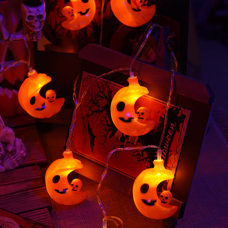 Crescent Moon and Skull Halloween String Lights - Soft Ambient Glow for Indoor & Outdoor Decor, Battery-Powered and Durable for Parties and Spooky Celebrations
