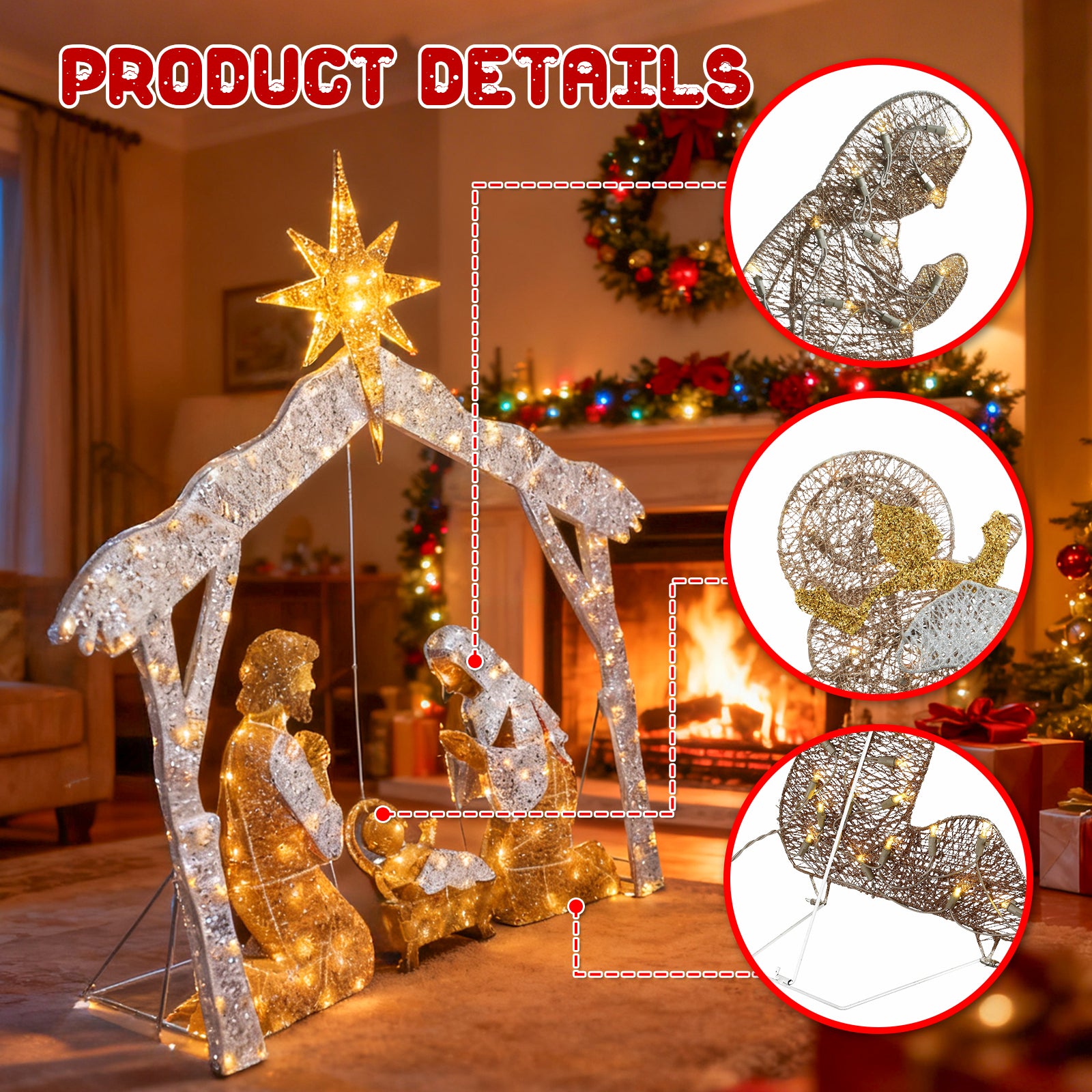 زينة فناء عائلة المسيح المقدسة لعيد الميلاد، تشمل أضواء LED بيضاء صغيرة مسبقة التوصيل وأوتاد أرضية. توصيات ضرورية لأضواء عيد الميلاد.