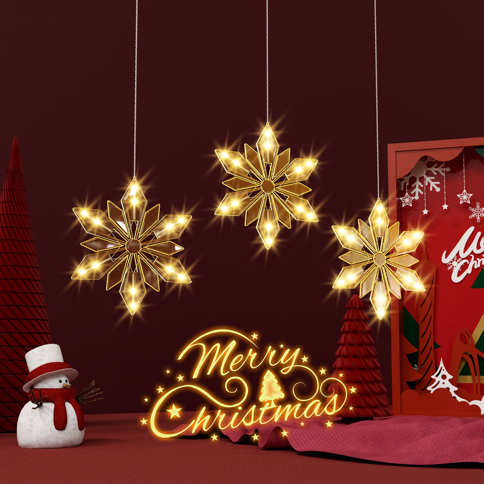 Quntis 34" Weihnachts-Schneeflocken Fensterlichter – 3er Pack, batteriebetrieben, 36 LEDs mit Timer & 8 Funkelmodi für die winterliche Innendekoration