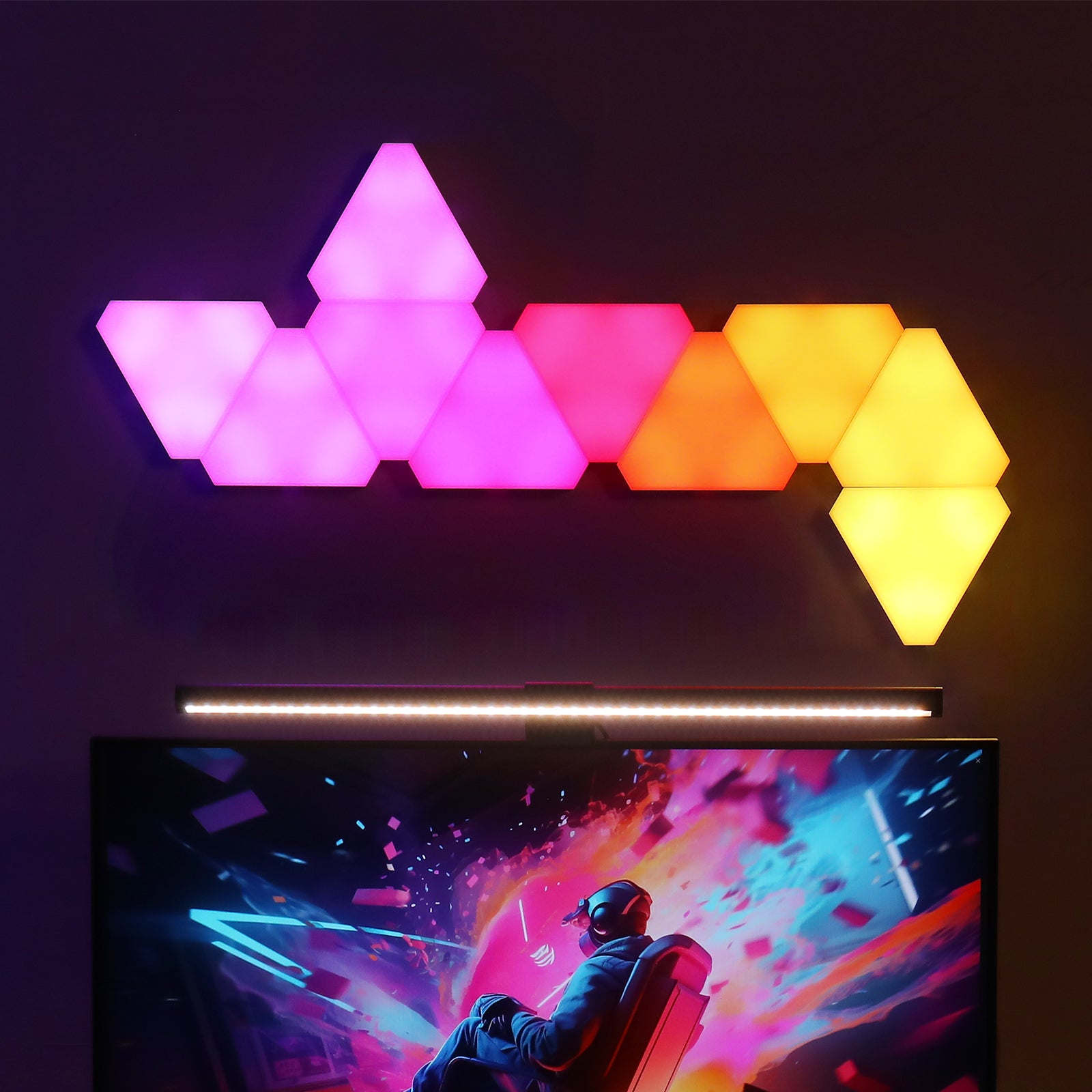 Gaming Light Set – Triangle RGBIC LED Panels + Eye-Caring Monitor Lamp, Sync with Music, App/Remote Control, Ideal for Gaming Room & Workstation