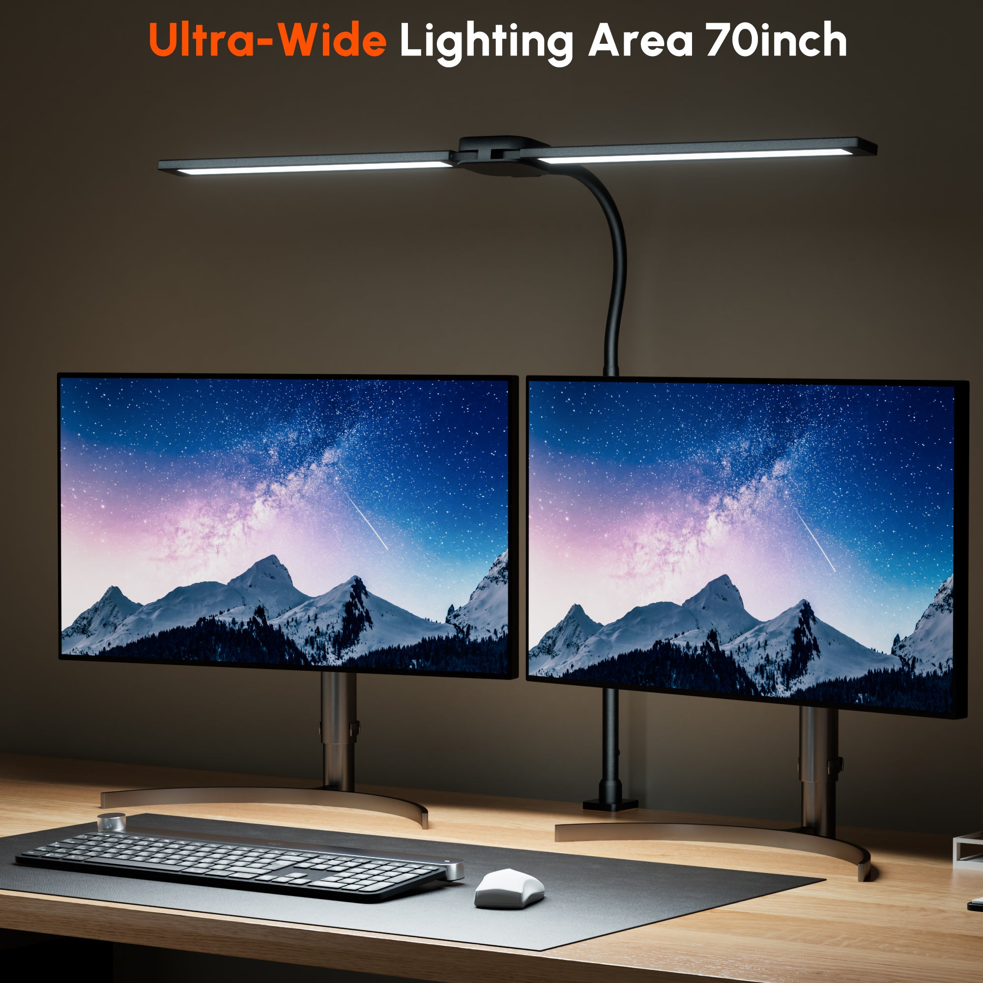 Quntis Dual-Head LED Desk Lamp with Clamp, Ultra-Wide Office Lamp for Dual Monitors, 360° Flexible Gooseneck Architect Lamp with Auto-Timer & Touch Control, CRI>90 Eye-Caring Task Light - Black