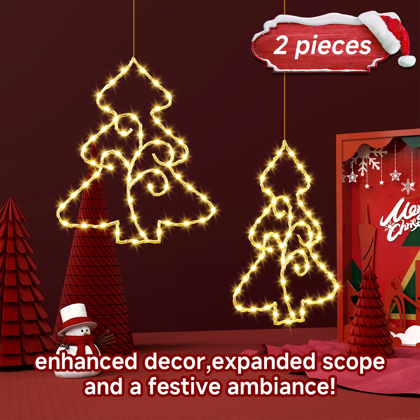 Quntis 2 Stück Weihnachtsfensterlichter, 14,5 Zoll Kristall funkelnde Weihnachtsfensterlichter batteriebetrieben mit Timer, 70 LED Weihnachtsfensterhängelichter