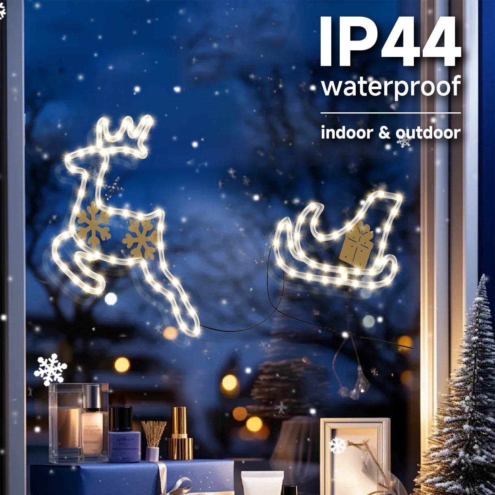 Quntis Weihnachtsfensterlichter – 2er-Pack Acryl-Elch mit Schlitten, batteriebetriebene Innen-/Außendekoration mit 95 hellen LED-Perlen