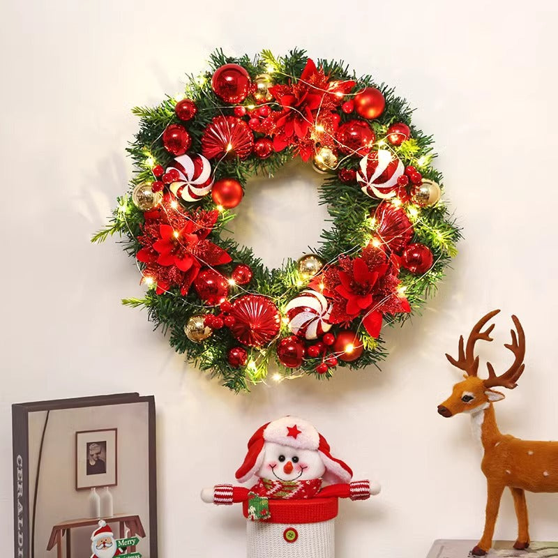 Corona de Navidad LED de 16 pulgadas con luces - Decoración navideña roja a pilas