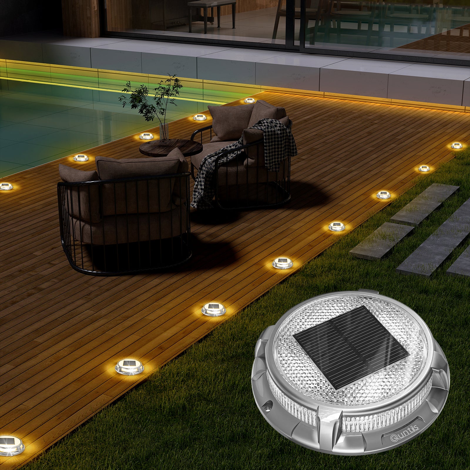Solar Deck Lights, 3 Colors in 1 Solar Lights Outdoor, IP68 Waterproof Solar Dock Lights with Ground Spikes, Wide Illumination Range Driveway Lights for Garden Stair Path Walkway
