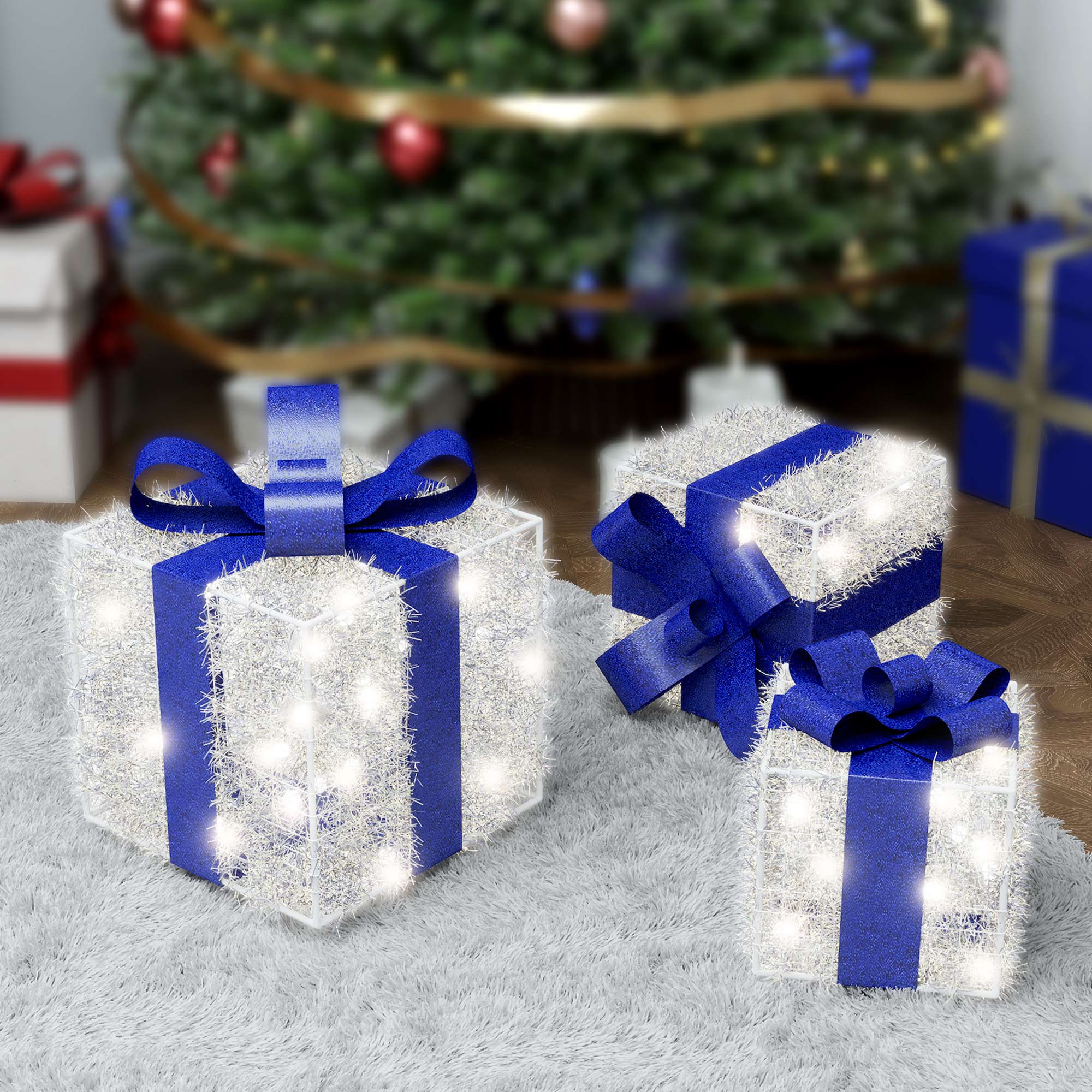 Scatole regalo illuminate blu di Natale, 140 LED, set di 3 – 8 modalità e funzione timer per decorazioni festive interne/esterne