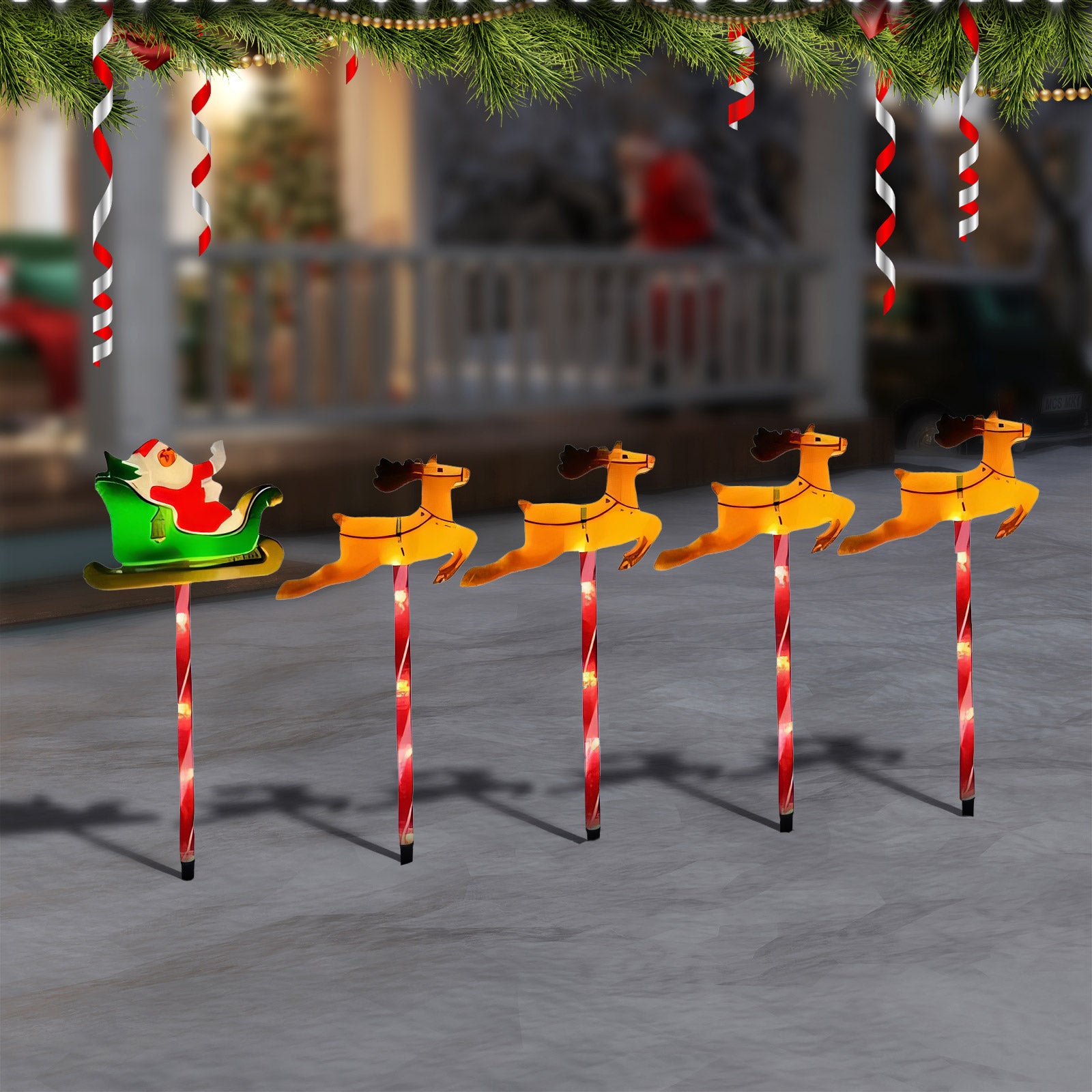 Solar LED Christmas Reindeer & Santa Sleigh Outdoor Stake Lights – Festive Garden & Yard Decor, Holiday Patio & Lawn Lighting