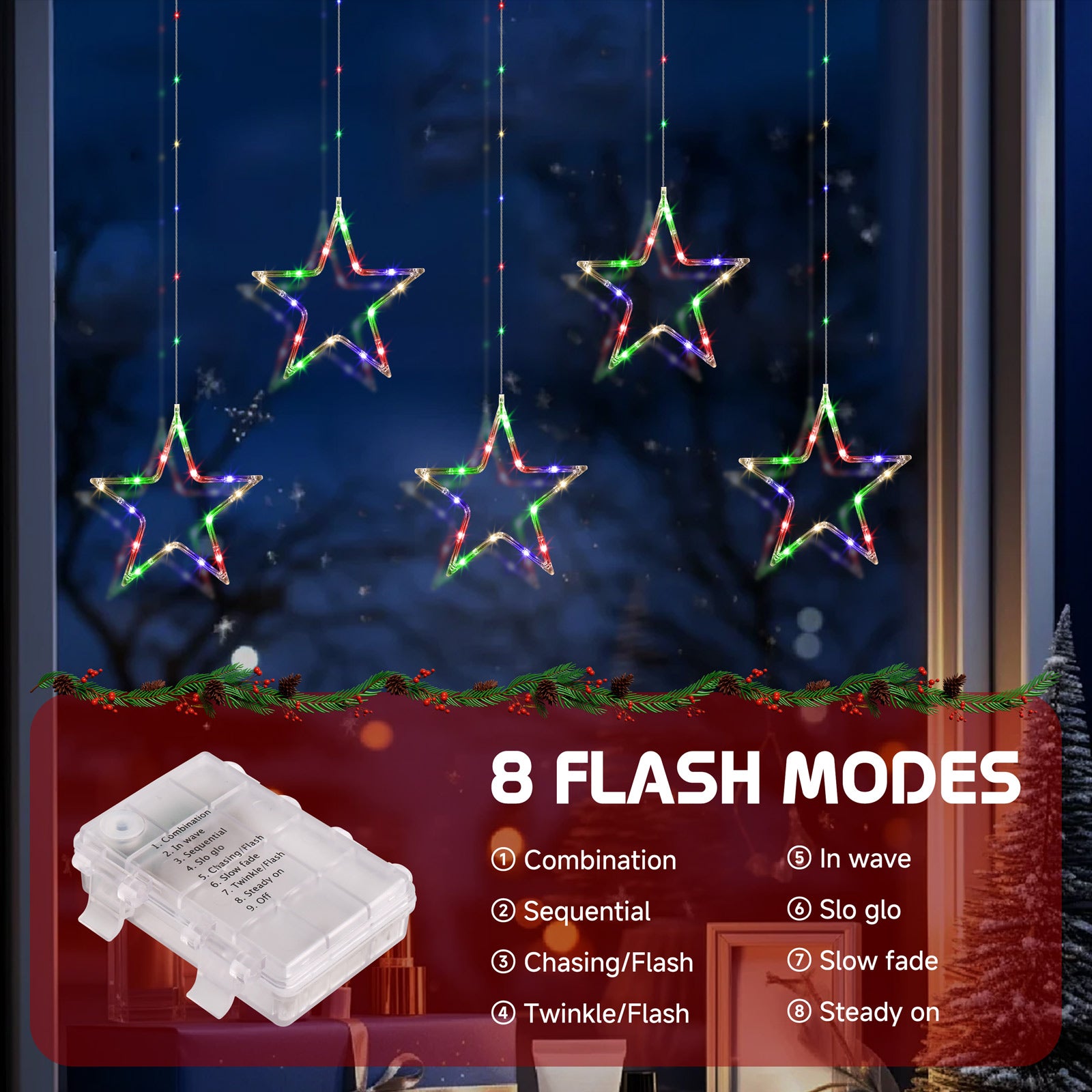 Quntis Christmas Window Lights – 60LED Color Changing 5-Star Curtain Lights, Battery Operated with Timer & 8 Modes for Indoor/Outdoor Decor