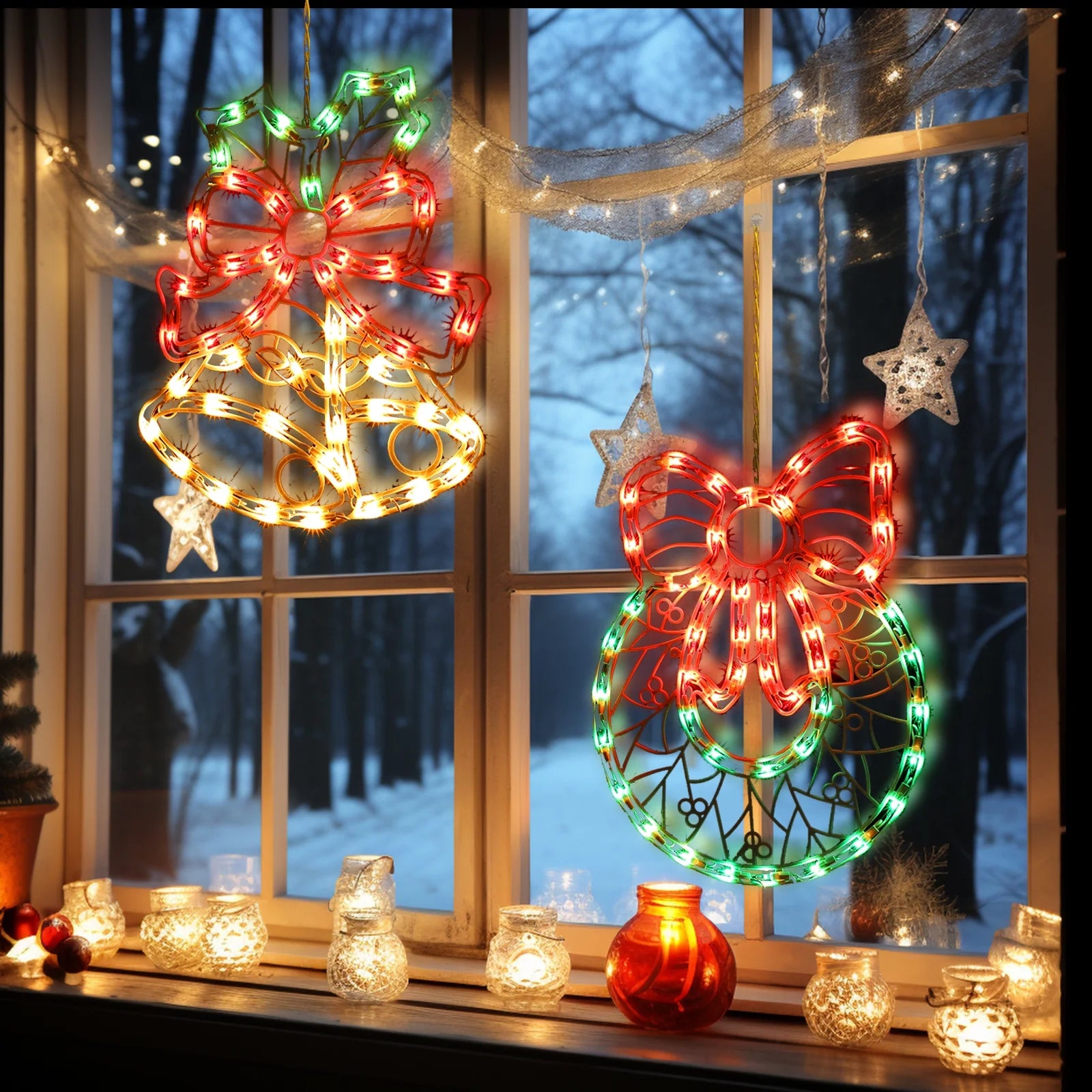 Quntis Multicolor Christmas Window Hanging Lights Decorations, 17 Inch Lighted Xmas Bell & Wreath Silhouette Lights with 100 Mini Bulbs &4 Hooks, Light up for Holiday Indoor Wall Door Glass Decor
