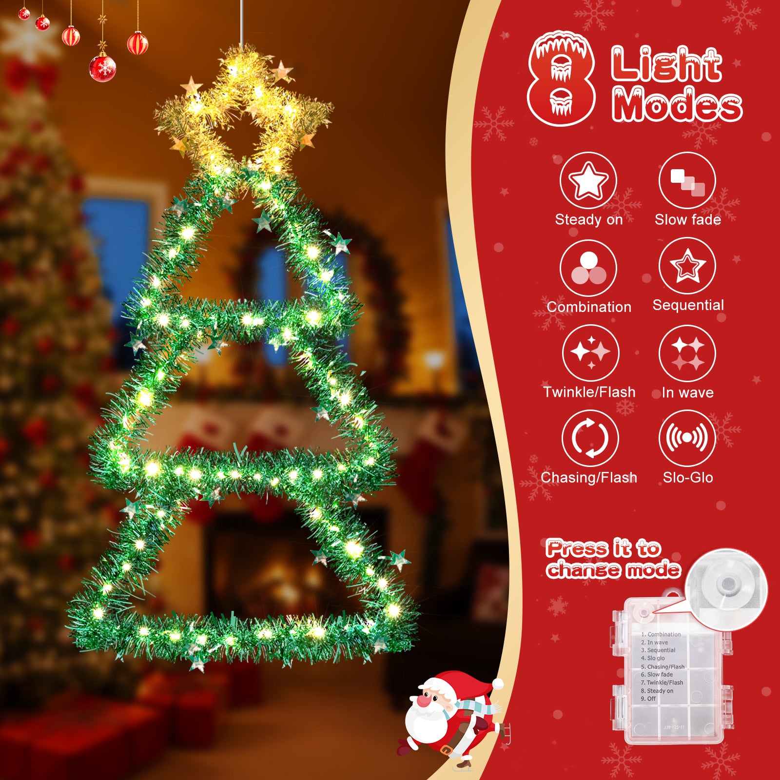 Quntis Metal Christmas Tree with Lights – Color Changing Battery-Powered Christmas Window Lights (30 x 14 Inches), 8 Modes & Timer, Foldable Wall Hanging Holiday Decor for Indoor/Outdoor Use