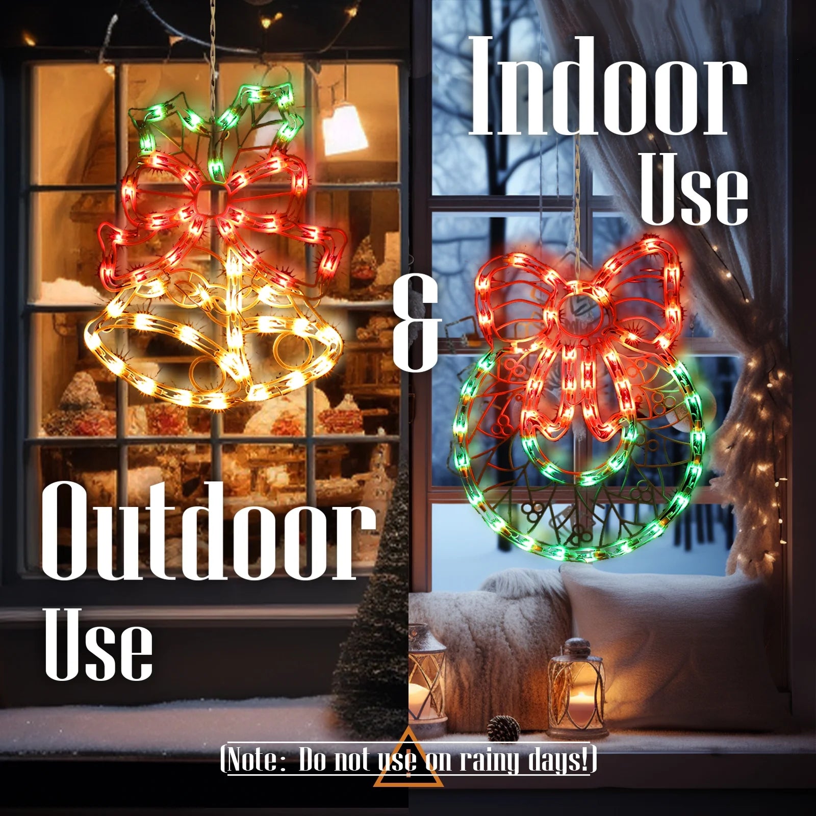 Quntis Multicolor Christmas Window Hanging Lights Decorations, 17 Inch Lighted Xmas Bell & Wreath Silhouette Lights with 100 Mini Bulbs &4 Hooks, Light up for Holiday Indoor Wall Door Glass Decor
