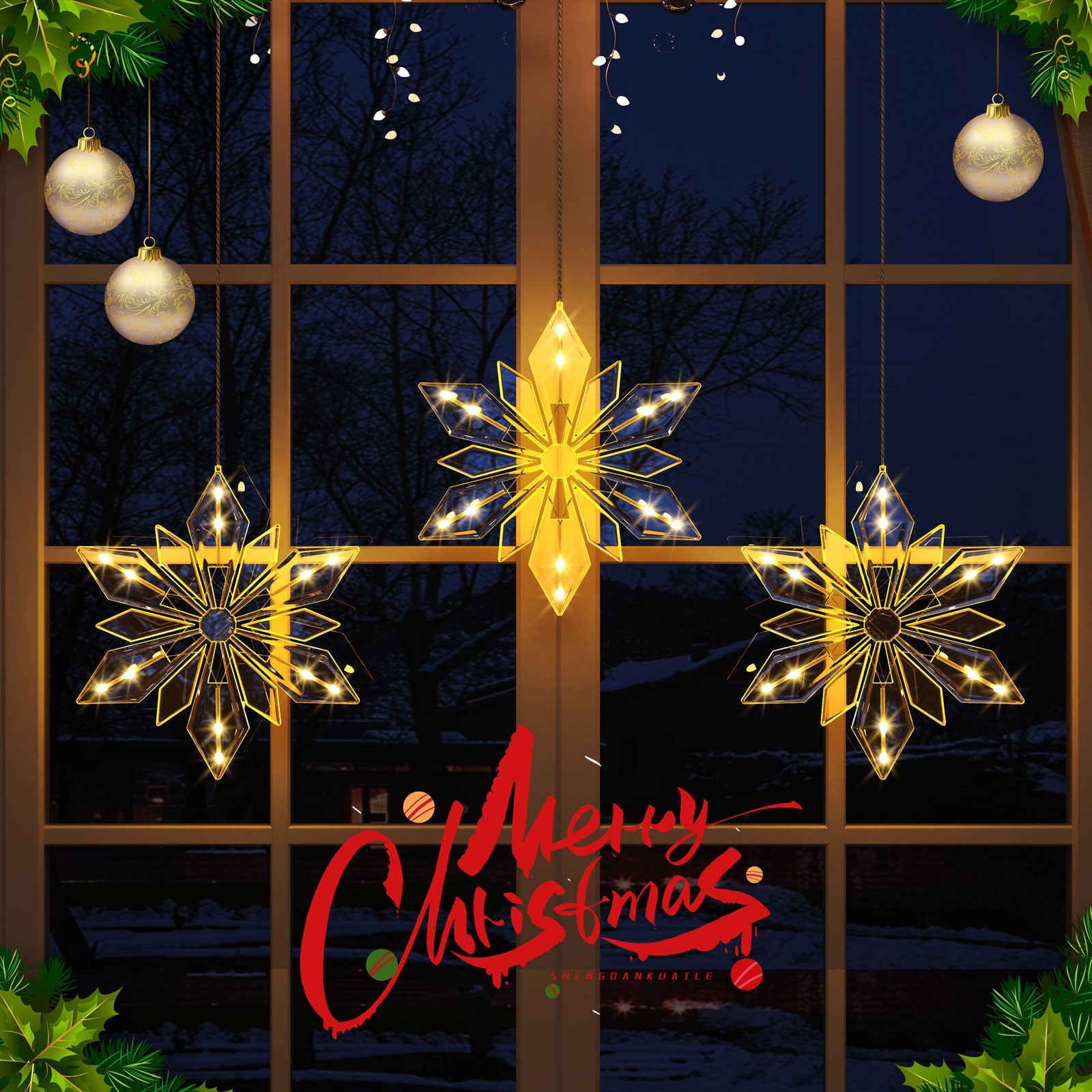 Quntis 34" Weihnachts-Schneeflocken Fensterlichter – 3er Pack, batteriebetrieben, 36 LEDs mit Timer & 8 Funkelmodi für die winterliche Innendekoration