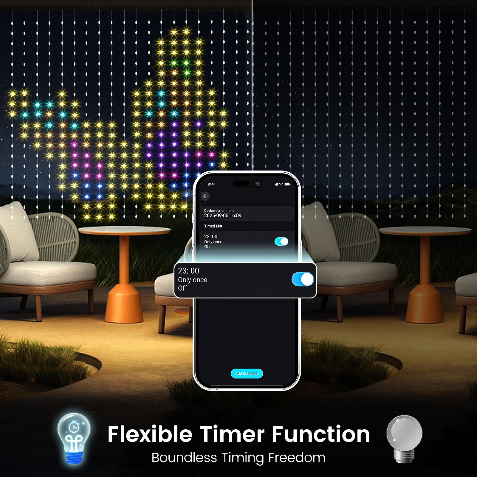 Quntis Smart RGB Curtain Fairy Lights, App/Remote Controlled with Music Sync, 3x3M 400 LED Tinsel Lights, Waterproof for Bedroom, Party & Holiday Decor.