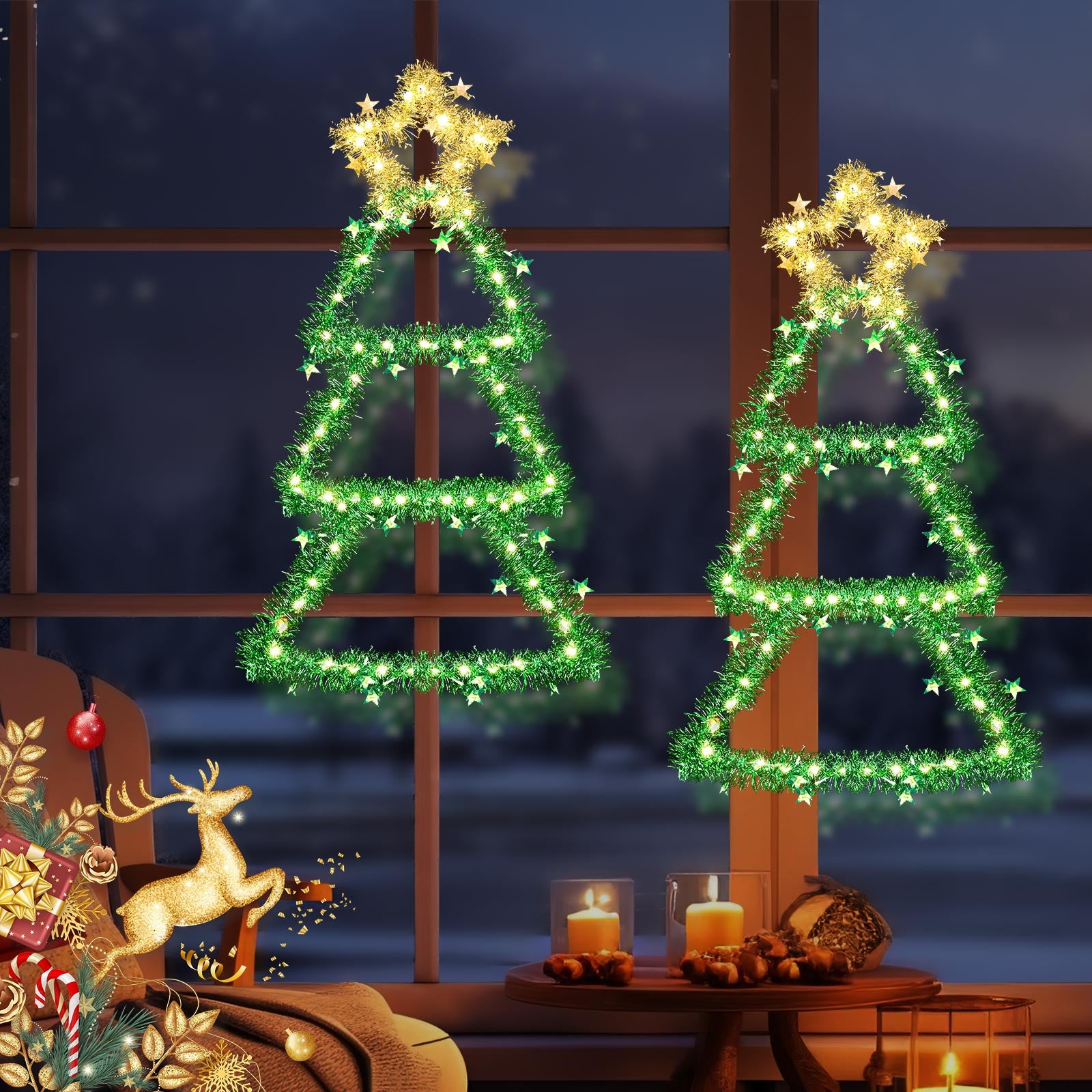 Quntis クリスマスウィンドウライト – 8モードとタイマー付きのバッテリー駆動ツリーライト、屋内/屋外装飾用の折りたたみ式金属LEDウォールハンギング