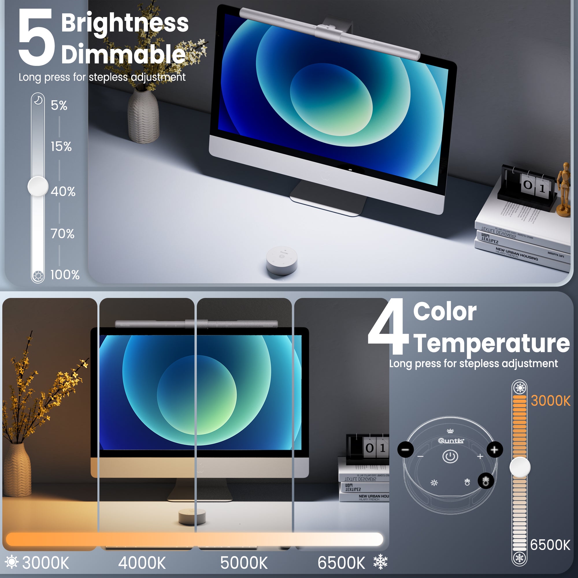 Quntis White Auto-Dimming Monitor Light Bar with Remote Control – No-Glare LED Screen Lamp with Smart Ambient Light Sensor for Eye Protection, Ideal for Office & Gaming Setup