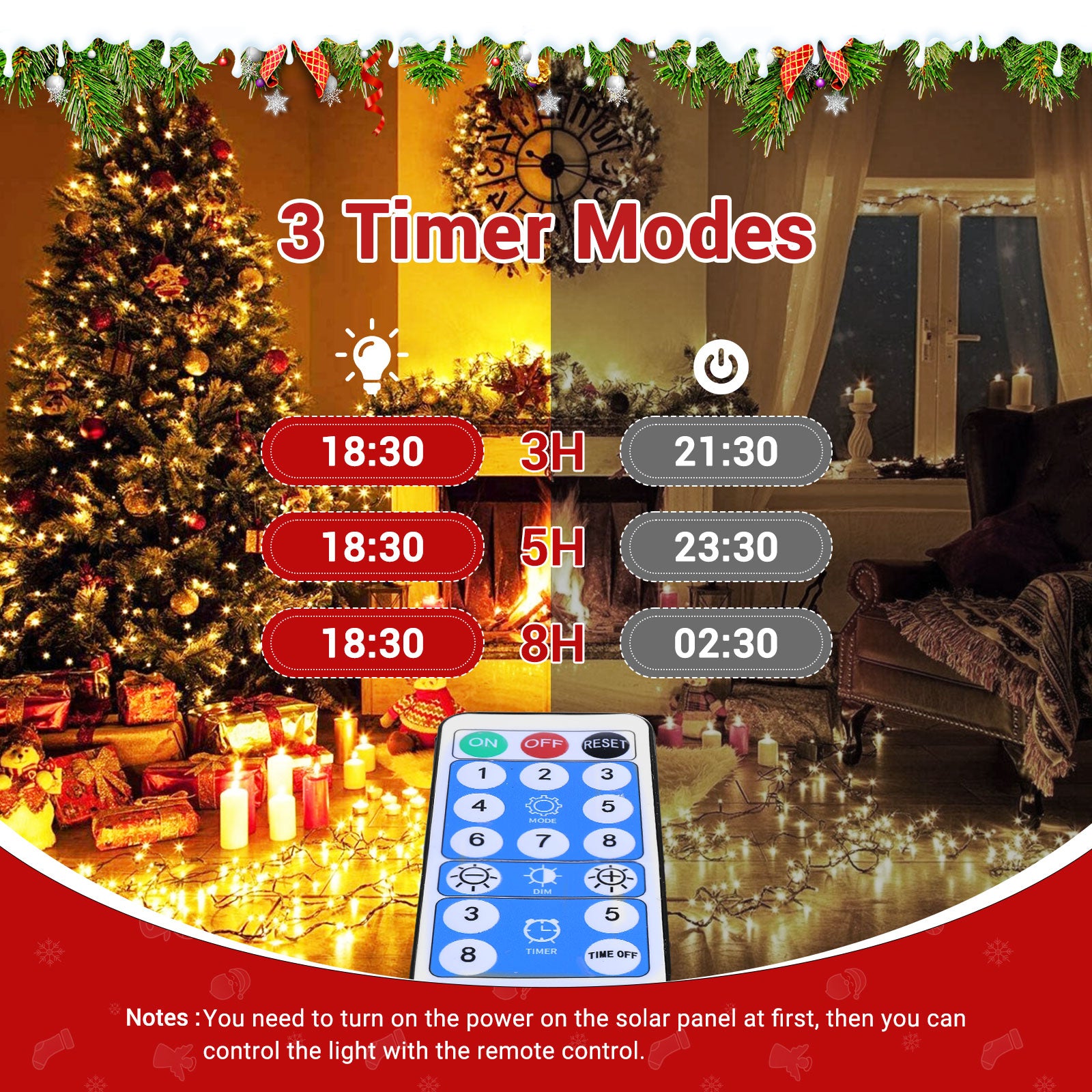 Quntis 40m 300-LEDs Solar Powered Waterproof Outdoor Christmas Fairy Lights – 8 Modes with Warm White Glow for Stunning Outdoor Decor