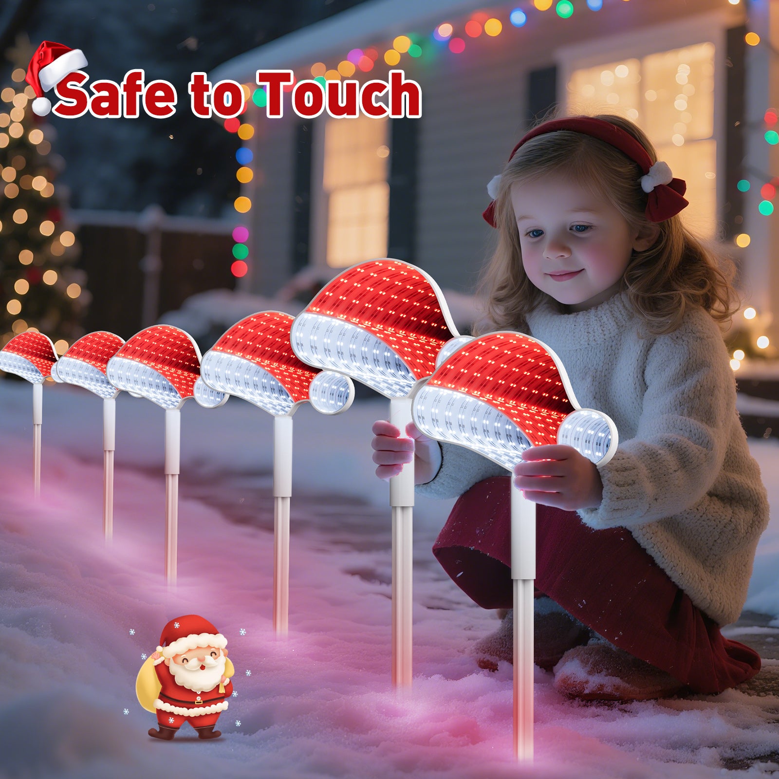 Quntis 1 Pack(4Pcs)Outdoor 3D Mirror Santa Hat Stake Lights – LED Christmas Decorations for Lawn & Walkway