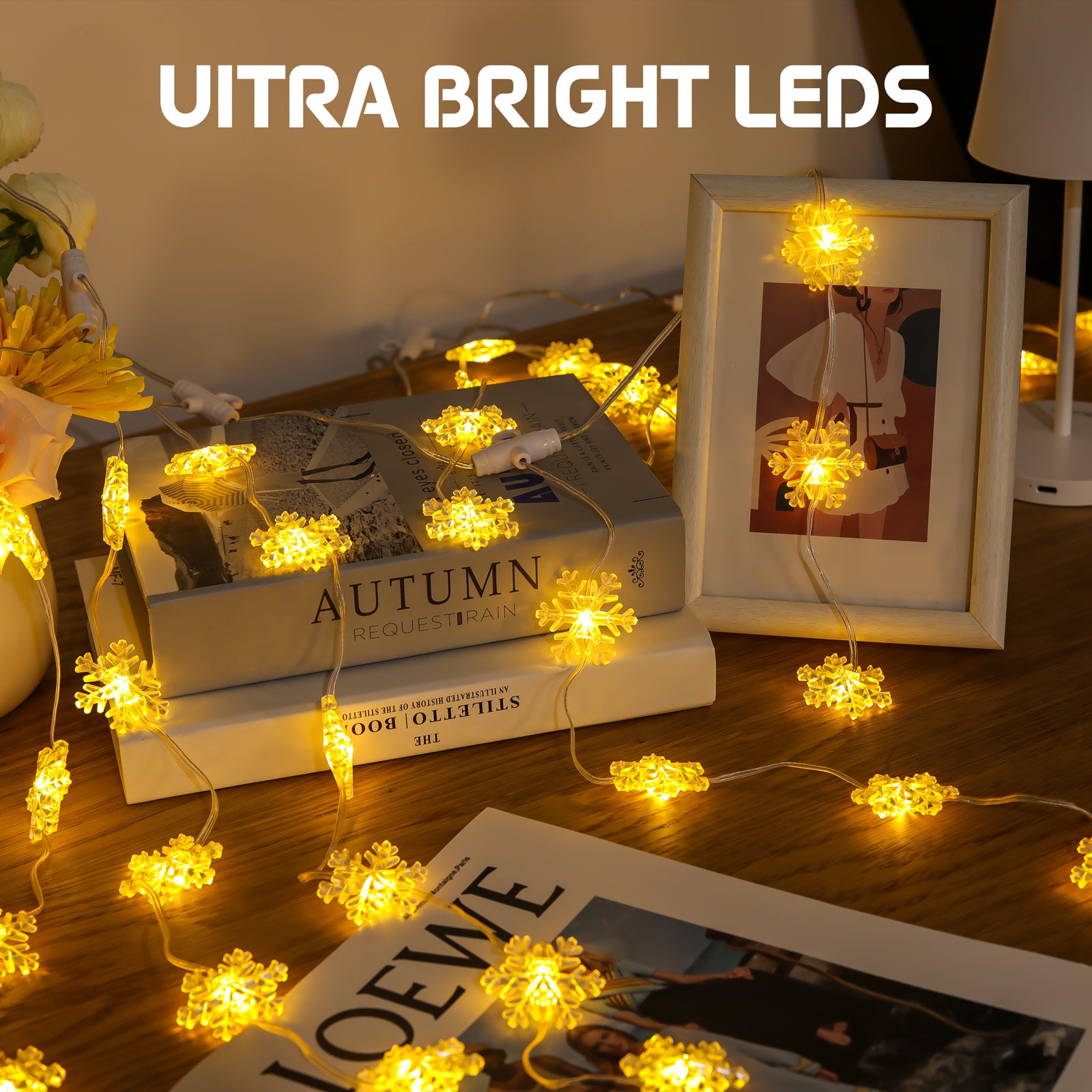 Quntis 50LED Christmas Snowflake Lights – 8 Modes, Battery Operated, IP65, Timer & Memory Function for Holiday Decoration (Warm White)