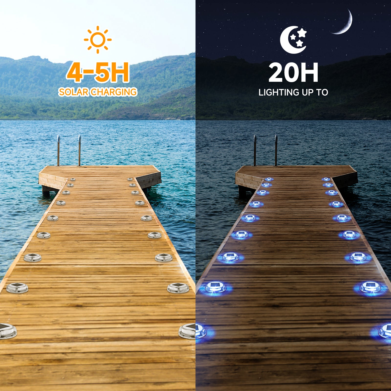 Solar Decklichter, 3 Farben in 1 Solarlichter für den Außenbereich, IP68 wasserdichte Solar-Docklichter mit Erdspießen, breiter Beleuchtungsbereich für Einfahrt, Garten, Treppe, Weg und Gehweg.