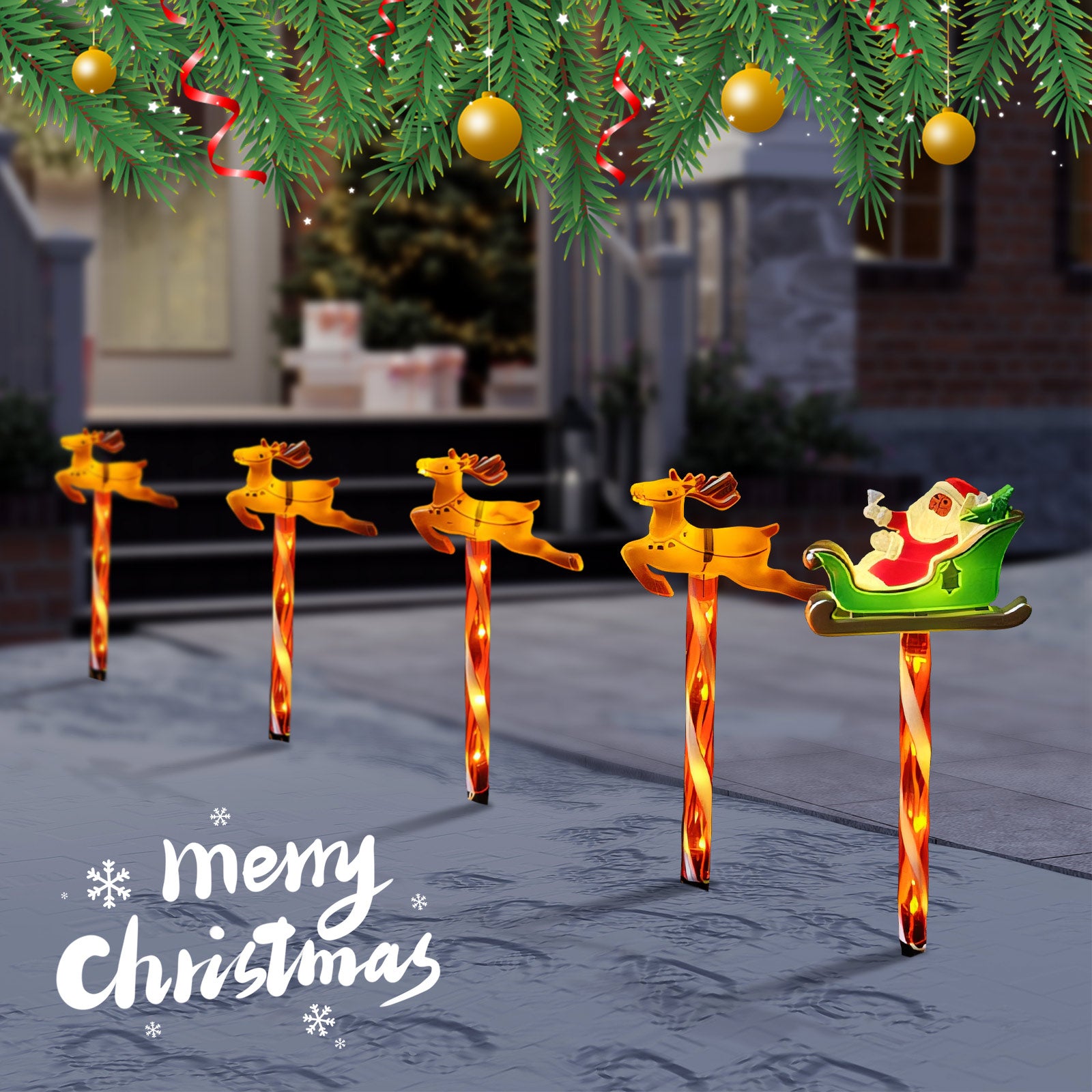 Solar LED Christmas Reindeer & Santa Sleigh Outdoor Stake Lights – Festive Garden & Yard Decor, Holiday Patio & Lawn Lighting