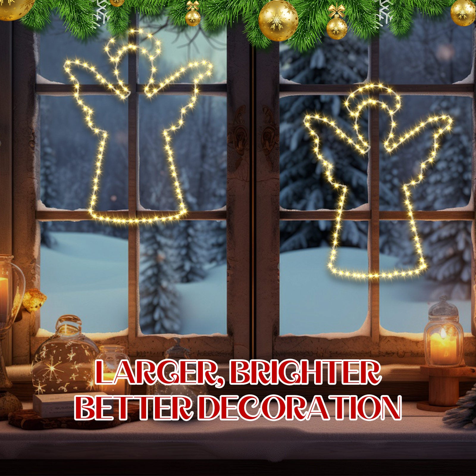 Quntis Luces de Ángel de 16" – 100 Luces LED para Ventanas, Temporizador, Decoración Navideña a Batería para Pared, Puerta y Hogar (Blanco Cálido)