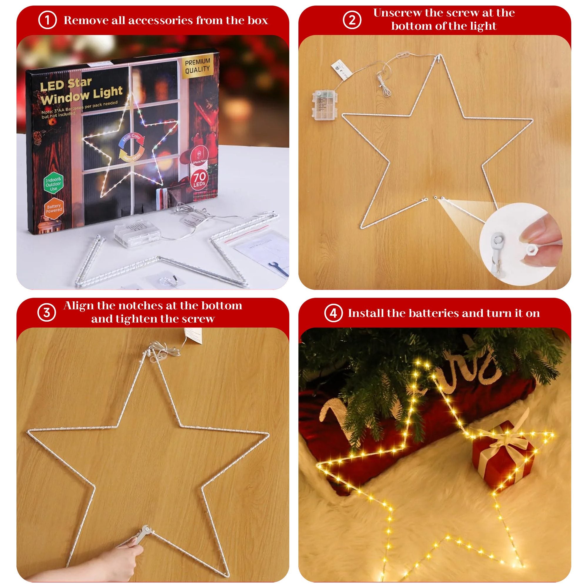 Quntis Luces de Estrella de Navidad de 19.6in – Funcionamiento a Batería, Temporizador, 8 Modos, Plegables para Uso en Interiores/Exteriores