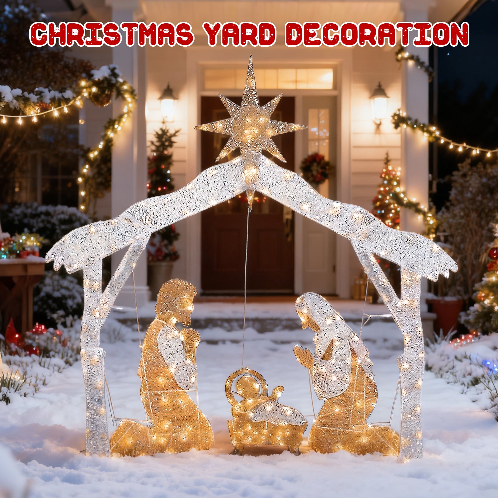 زينة فناء عائلة المسيح المقدسة لعيد الميلاد، تشمل أضواء LED بيضاء صغيرة مسبقة التوصيل وأوتاد أرضية. توصيات ضرورية لأضواء عيد الميلاد.