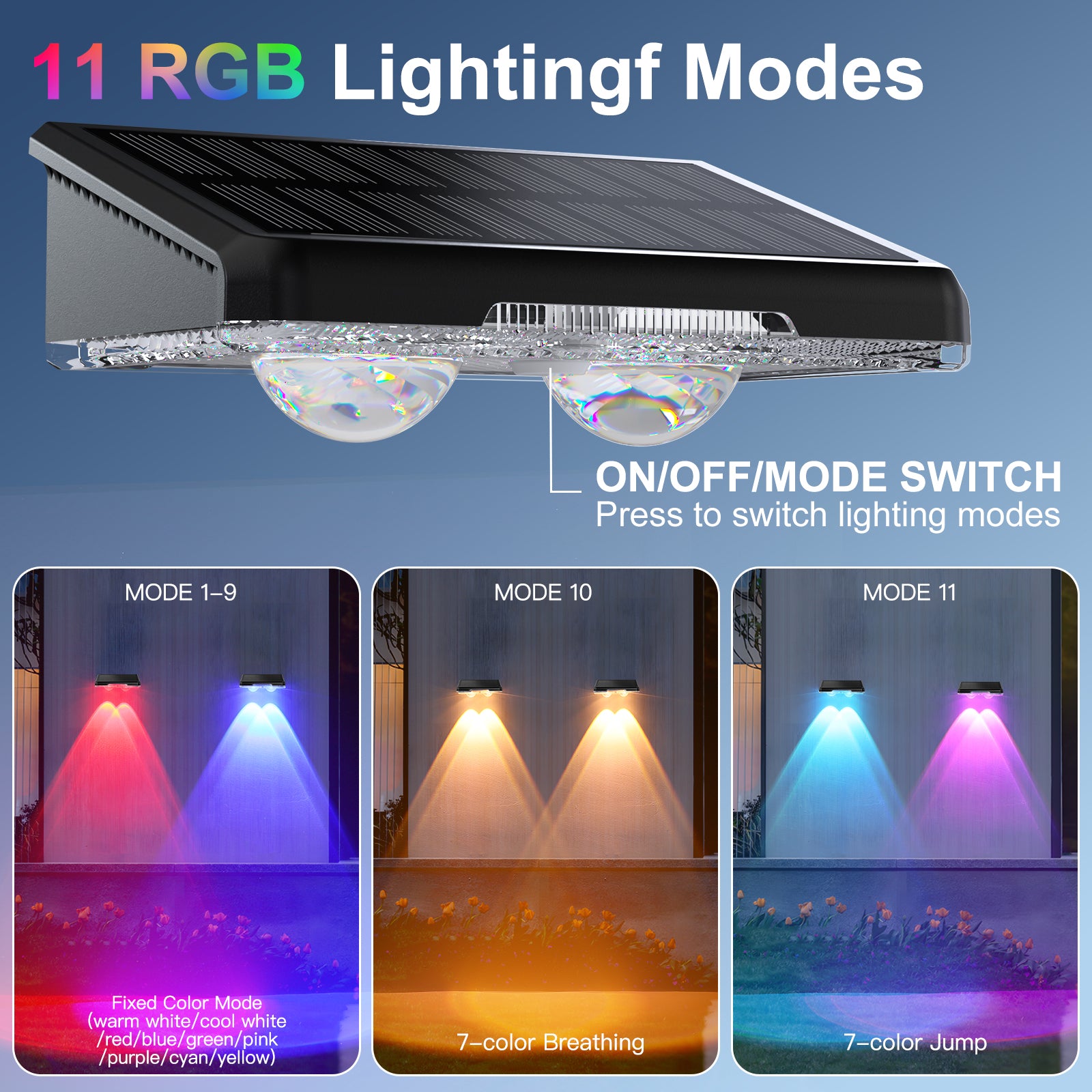 Quntis Outdoor Solar Wall Lights, 8 Pack Solar Fence Lights Warm White & 11 RGB Modes IP64 Waterproof Wireless Stick On Wall Lamps for Outside Garden Front Door Deck Stair Yard Railing Patio Decor