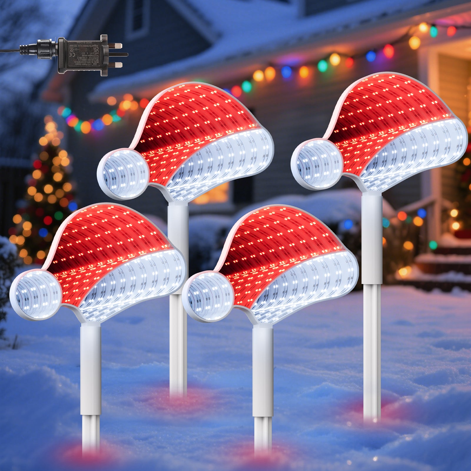Quntis 1 Pack(4Pcs)Outdoor 3D Mirror Santa Hat Stake Lights – LED Christmas Decorations for Lawn & Walkway