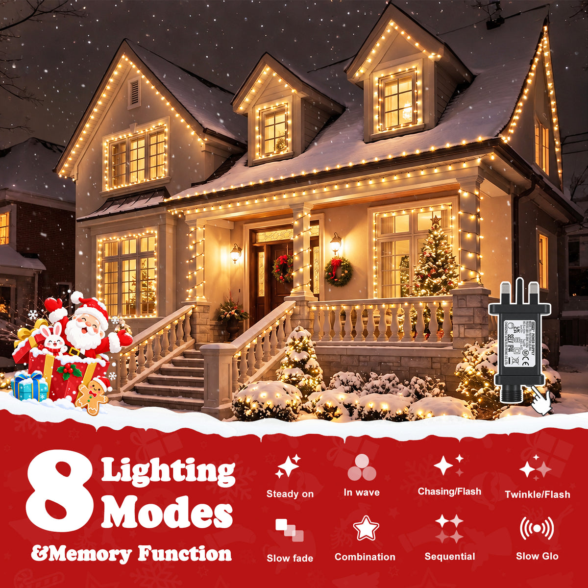 Quntis 65.6ft 400 LED Guirlande lumineuse à bulles, ampoules blanc chaud à sommet plat, câble noir, éclairage de Noël intérieur et extérieur