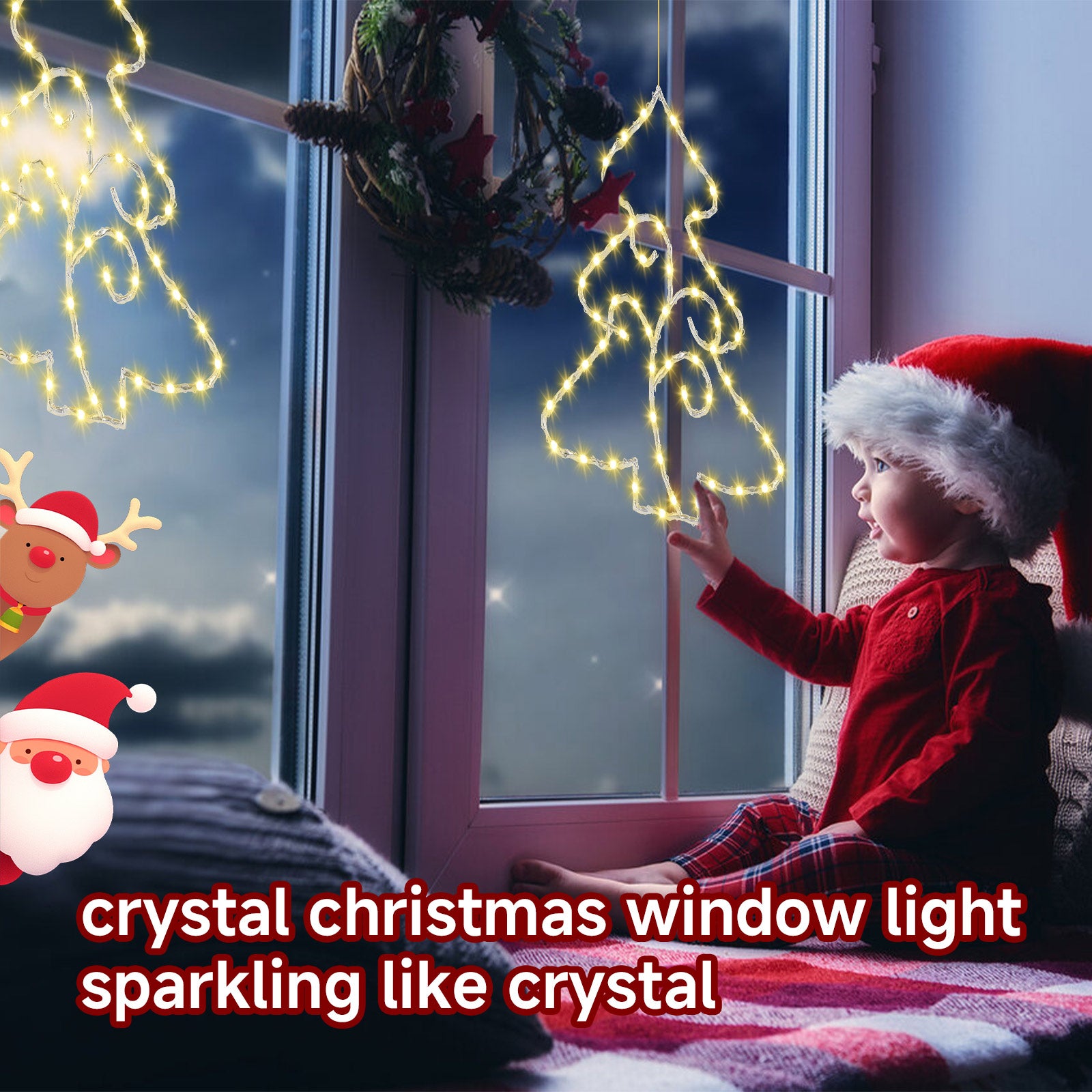 Quntis 2 Stück Weihnachtsfensterlichter, 14,5 Zoll Kristall funkelnde Weihnachtsfensterlichter batteriebetrieben mit Timer, 70 LED Weihnachtsfensterhängelichter