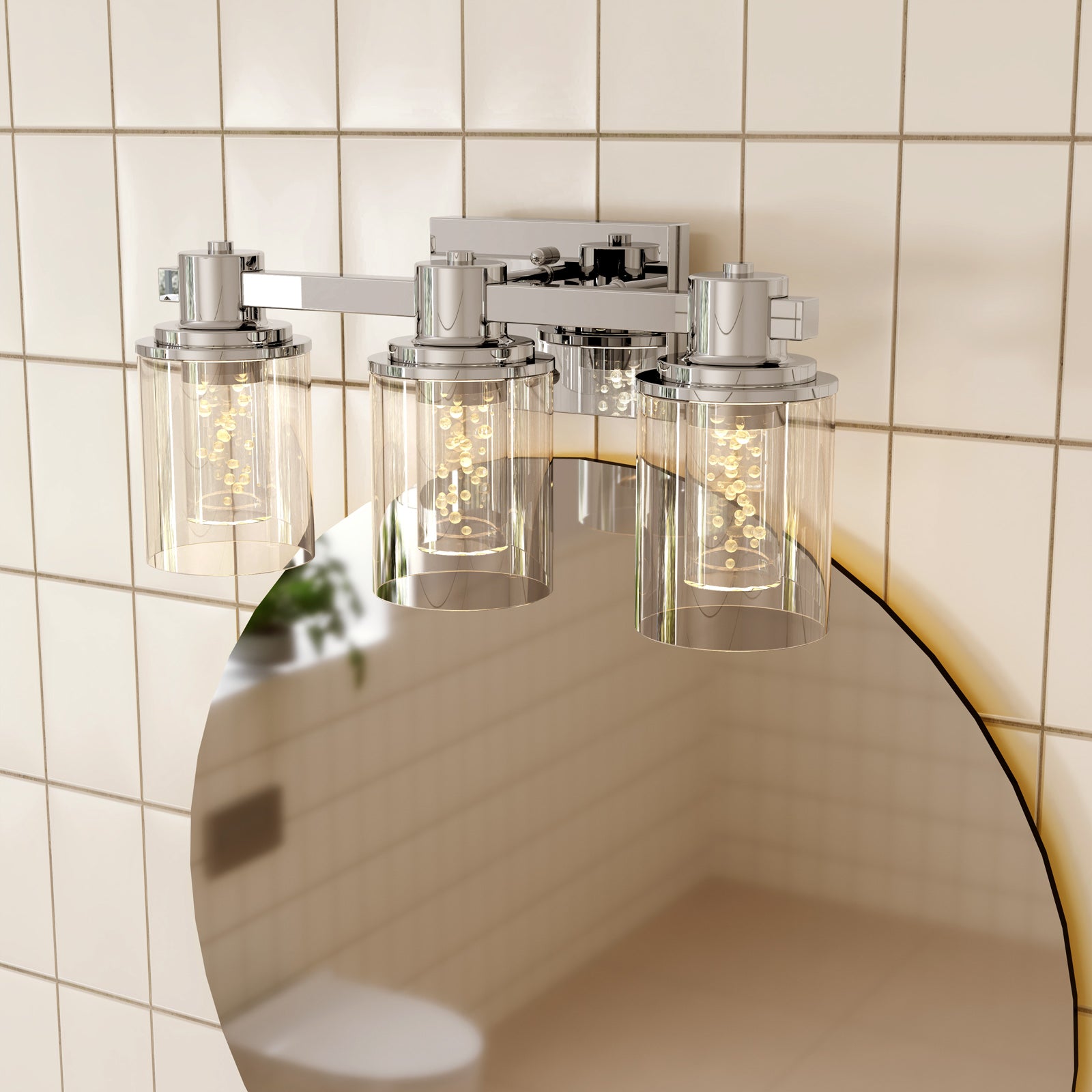 Quntis Aplique de baño moderno de cromo con 3 luces y pantallas de burbujas de cristal – Iluminación elegante para baño y hogar