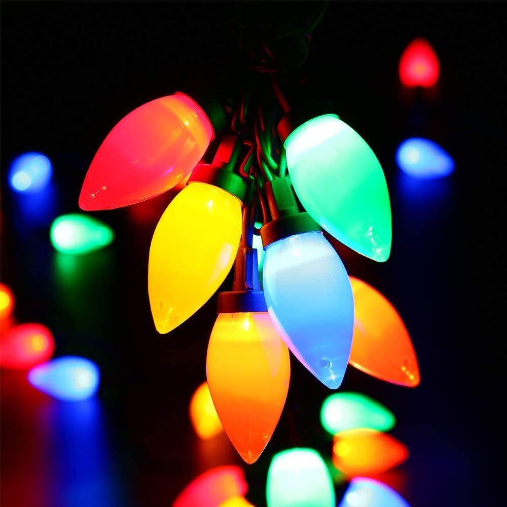 Quntis C9 LED Strawberry String Lights with Hooks – Glossy Multi-Color Five-Color Pointed Bulbs for Christmas & Chili Pepper-Themed Decor