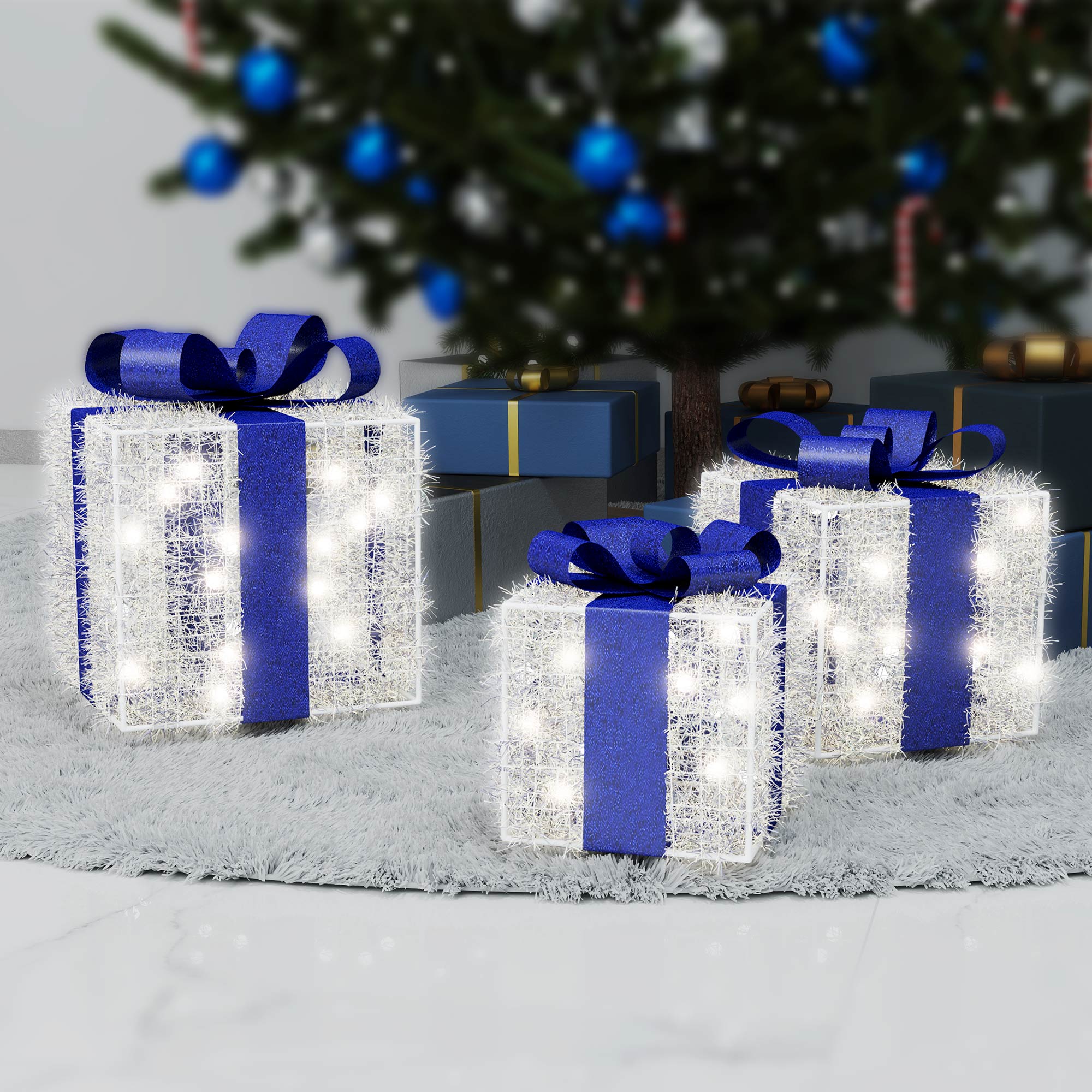 Scatole regalo illuminate blu di Natale, 140 LED, set di 3 – 8 modalità e funzione timer per decorazioni festive interne/esterne